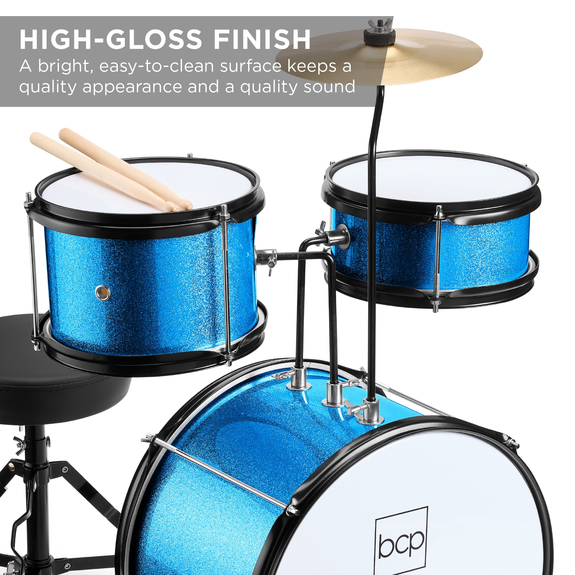 Kids Beginner 3-Piece Drum, Musical Instrument Set w/ Sticks, Stool, Pedal