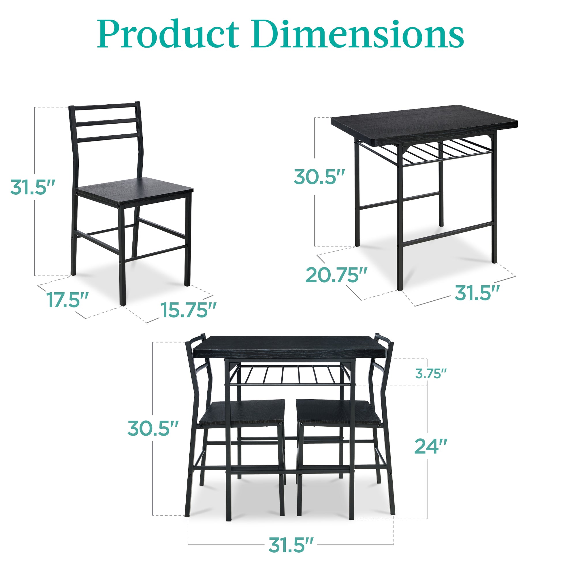 3-Piece Modern Square Dining Set w/ Storage Rack