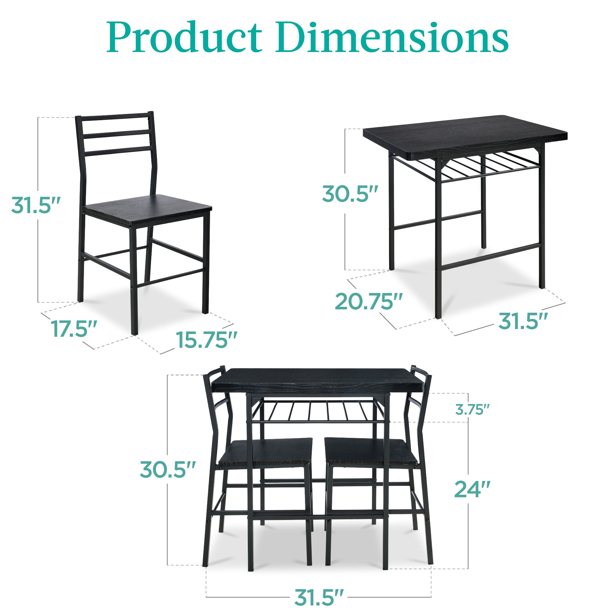 3-Piece Modern Square Dining Set w/ Storage Rack