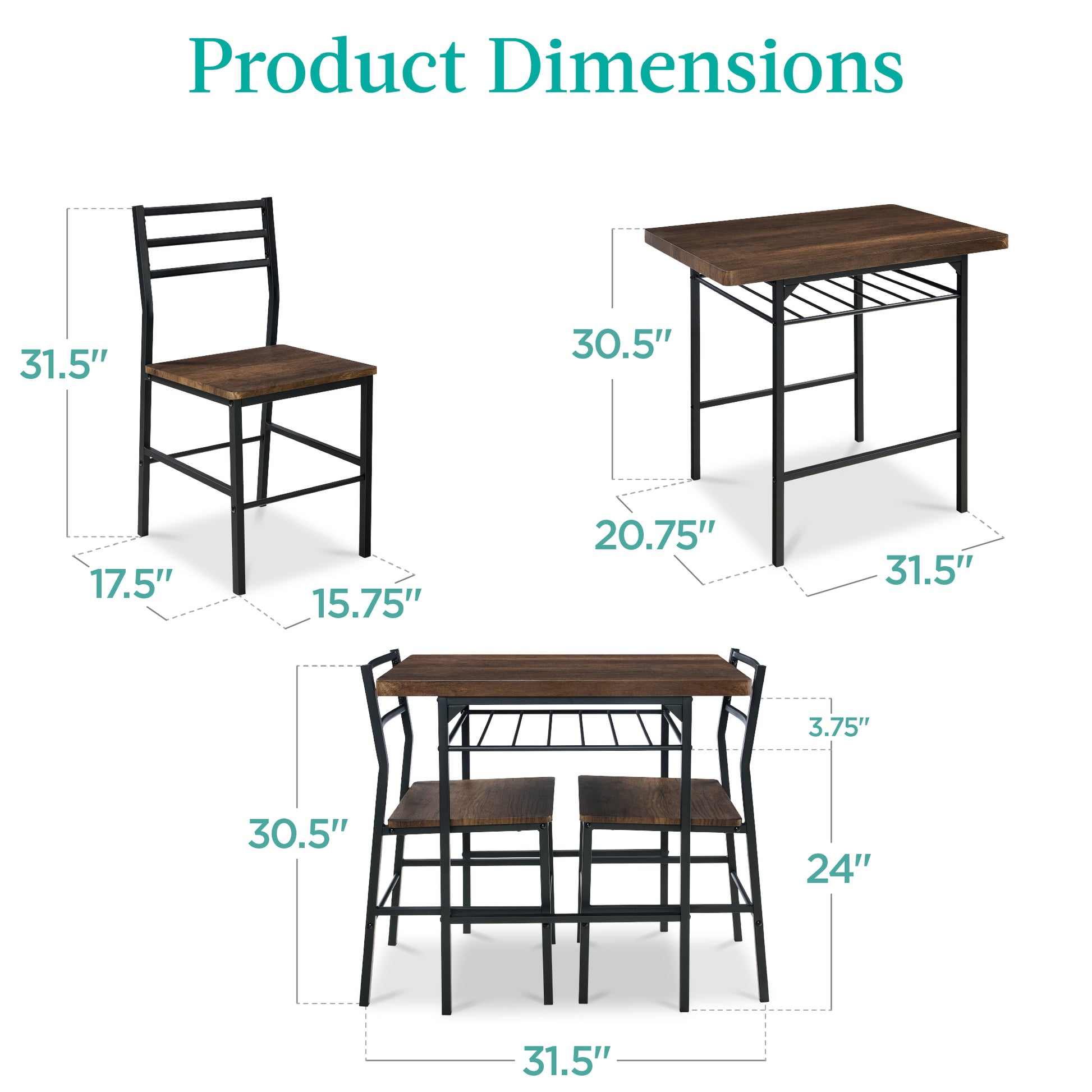 3-Piece Modern Square Dining Set w/ Storage Rack