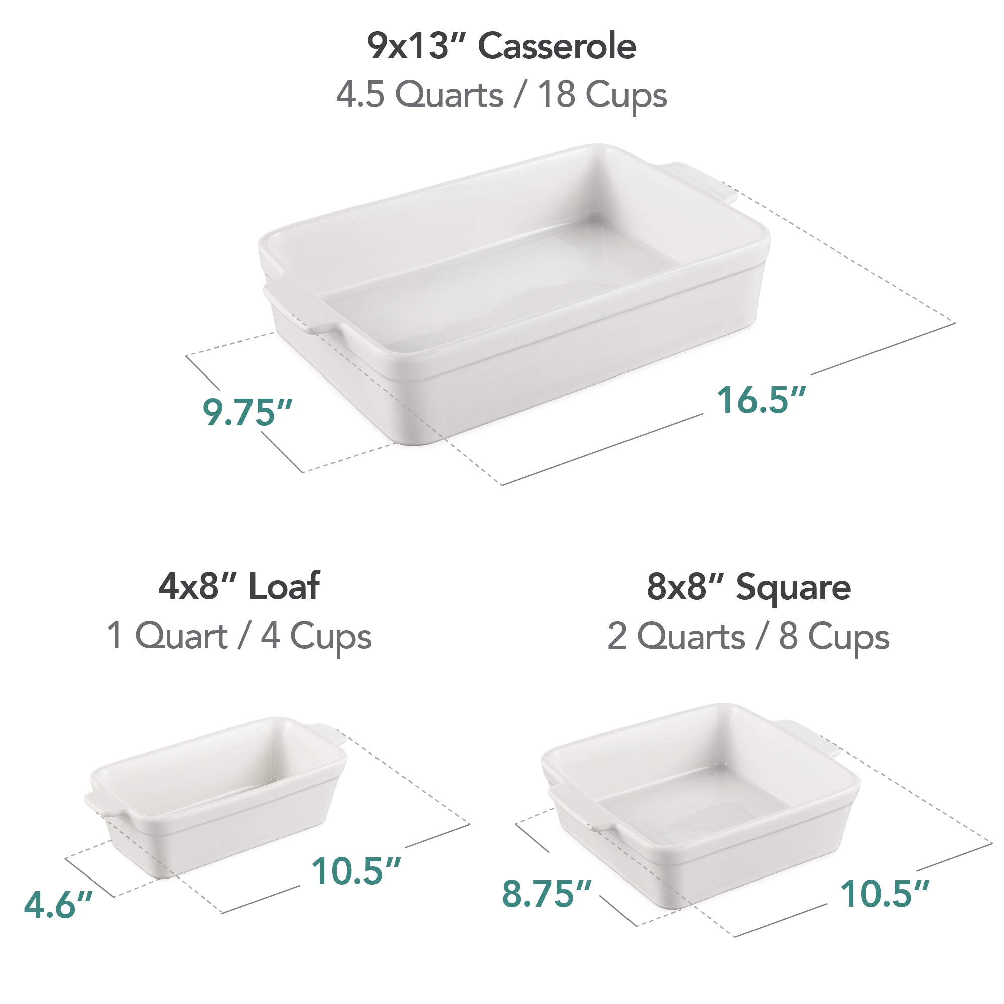 3PC Casserole Cookware Set, Ceramic Tray, Bread Loaf Pan, 8x8 Square Pan