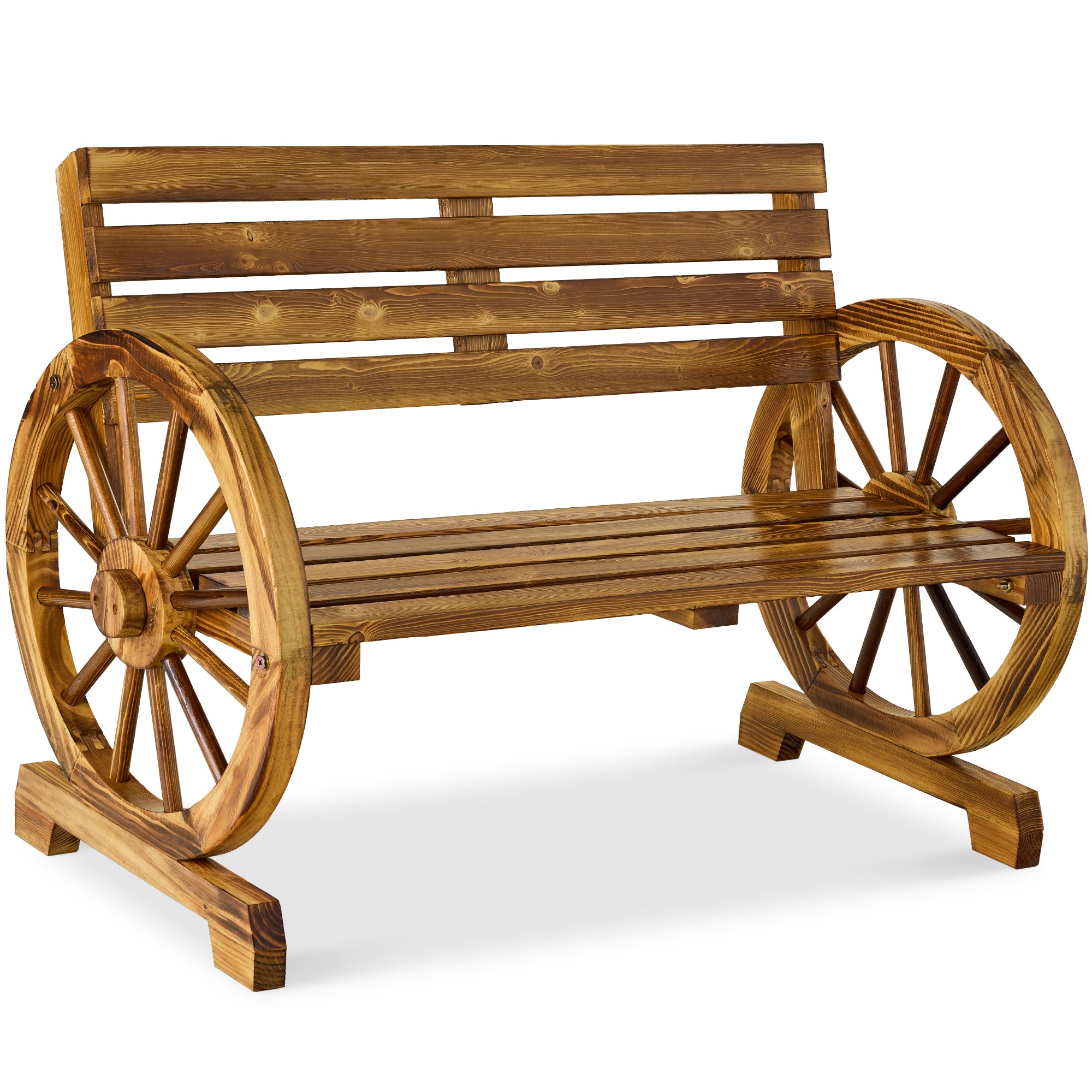 2-Person Rustic Wooden Wagon Wheel Bench w/ Slatted Seat and Backrest