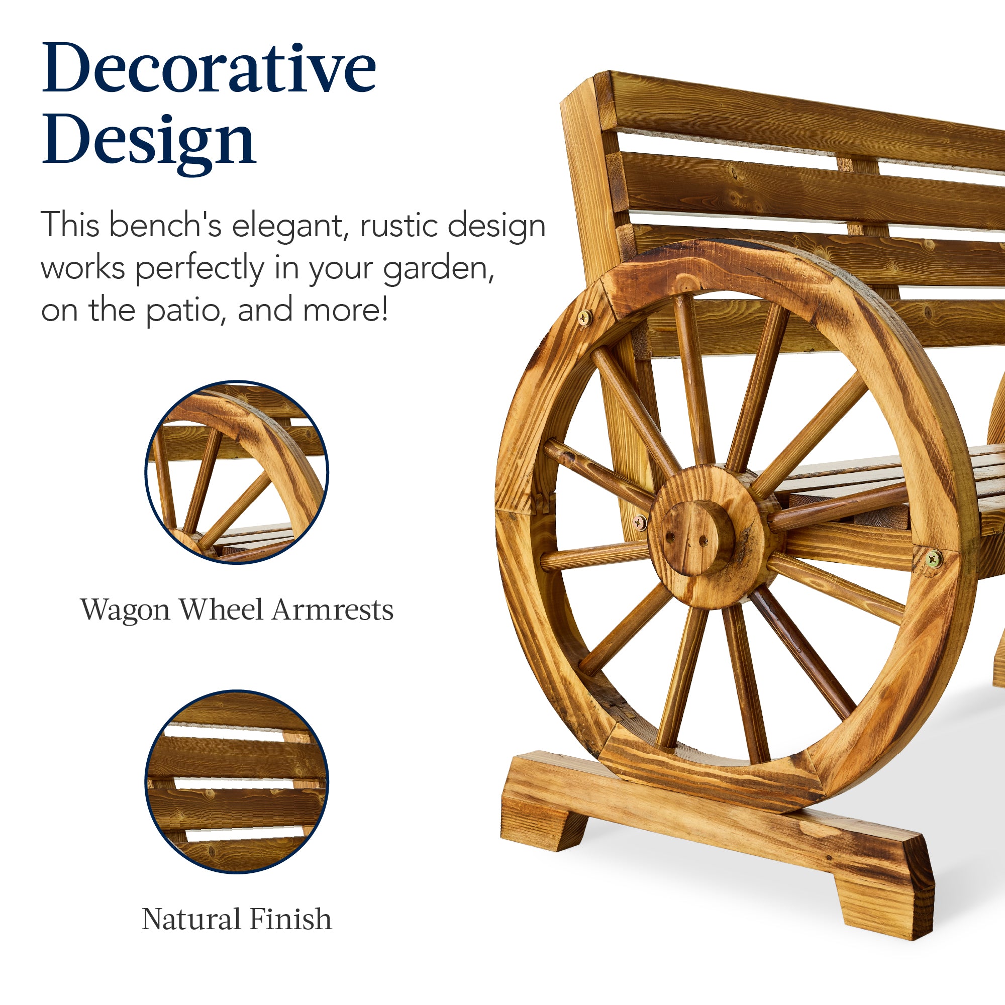 2-Person Rustic Wooden Wagon Wheel Bench w/ Slatted Seat and Backrest