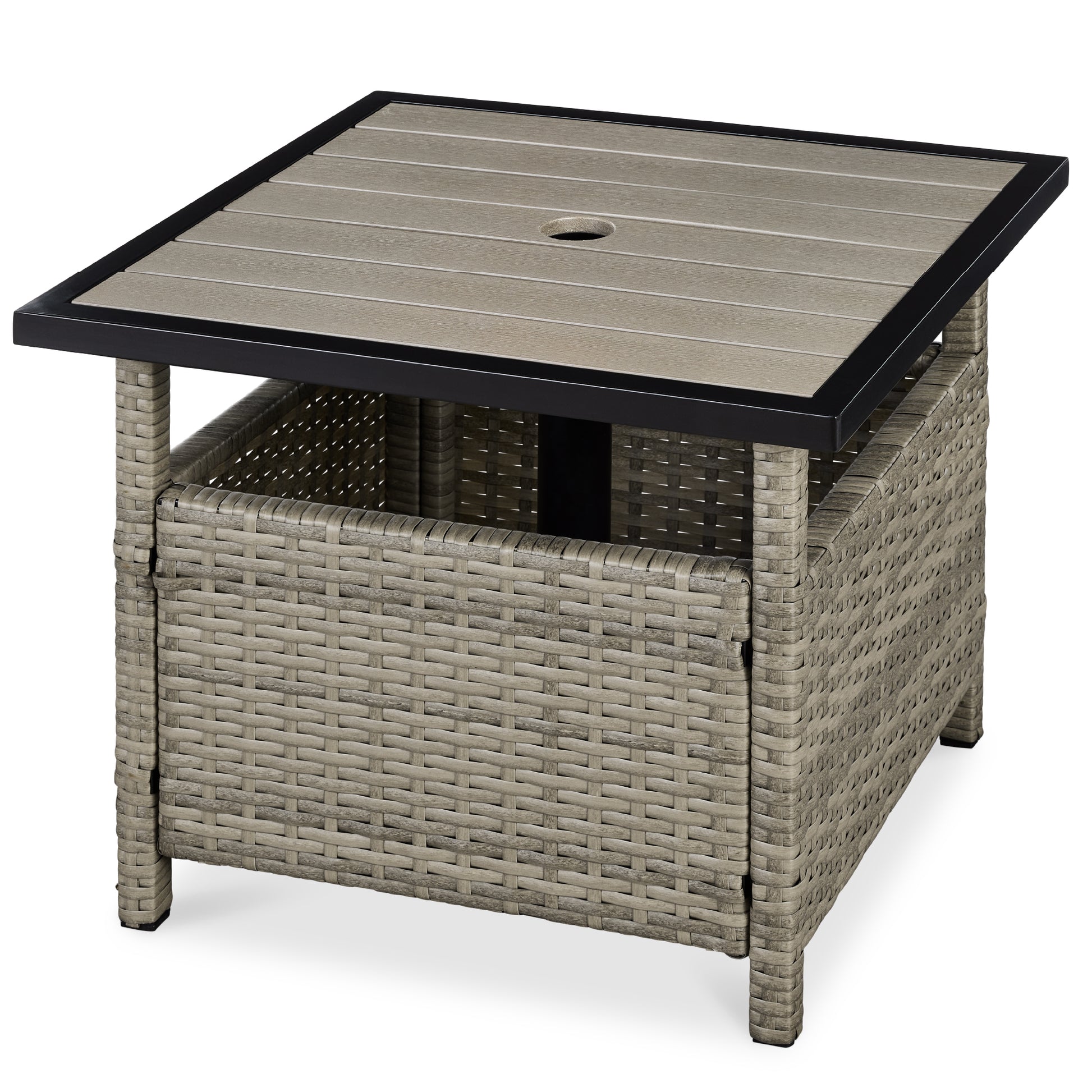 Outdoor Wicker Patio Side Table Accent Furniture w/ Umbrella Hole