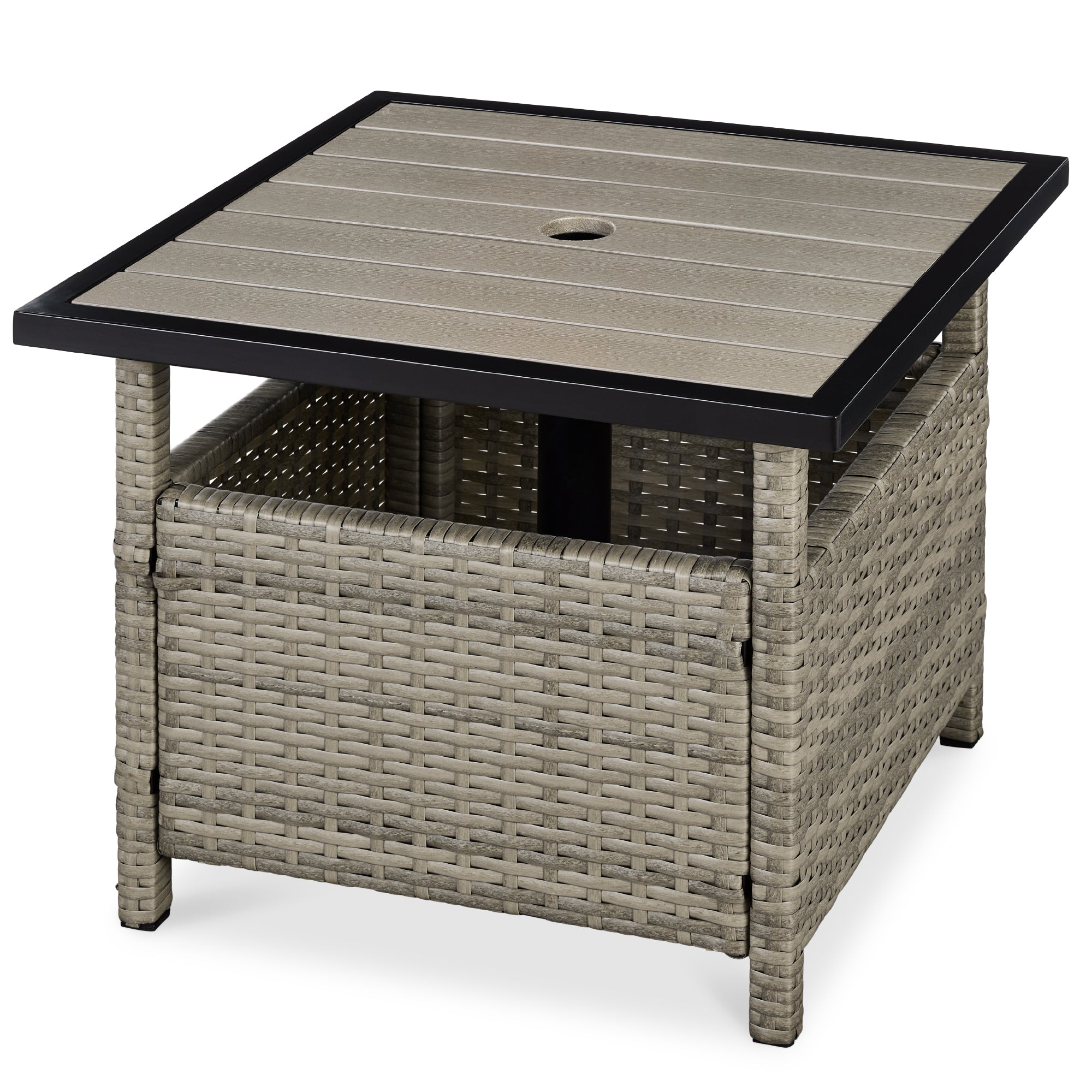 Outdoor Wicker Patio Side Table Accent Furniture w/ Umbrella Hole