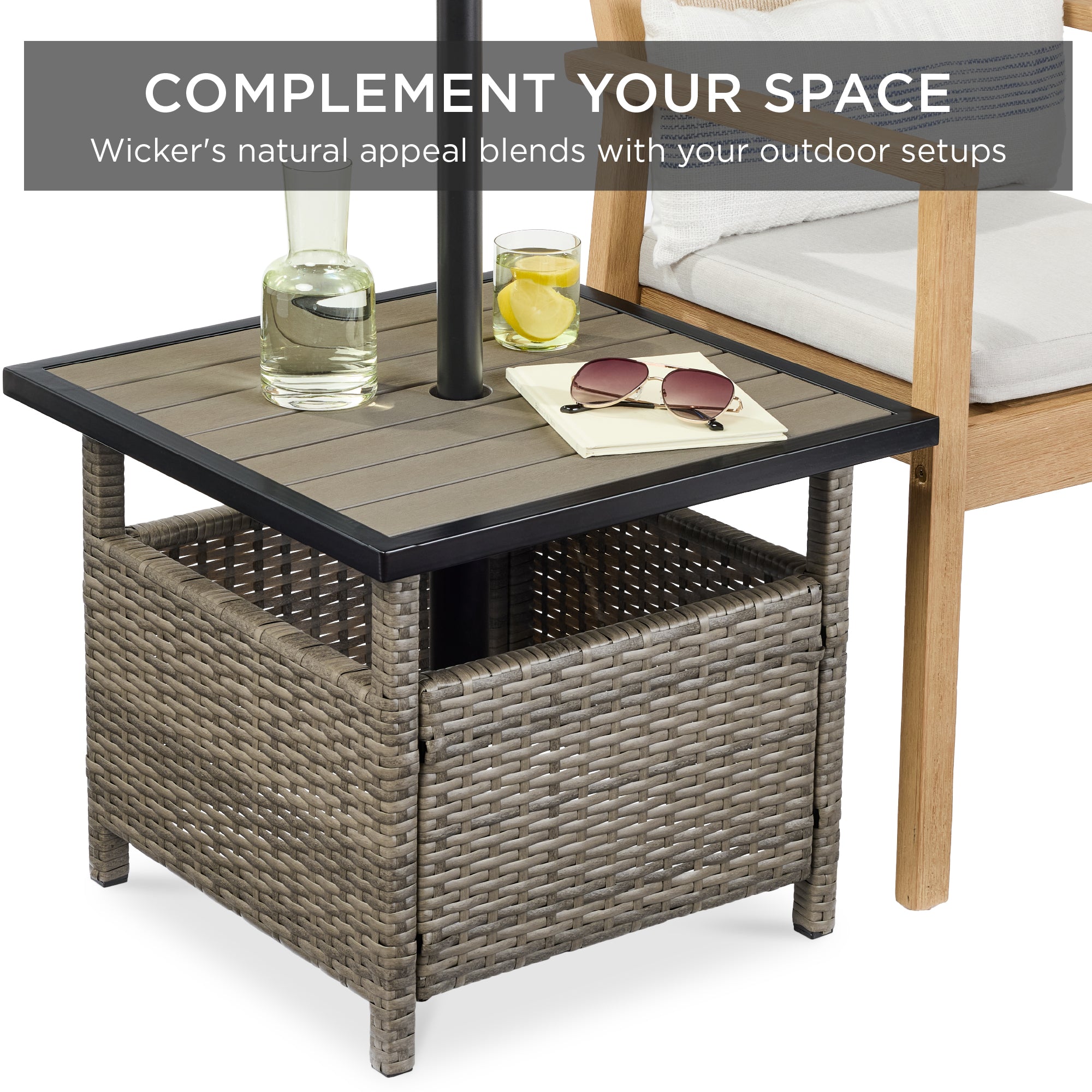 Outdoor Wicker Patio Side Table Accent Furniture w/ Umbrella Hole