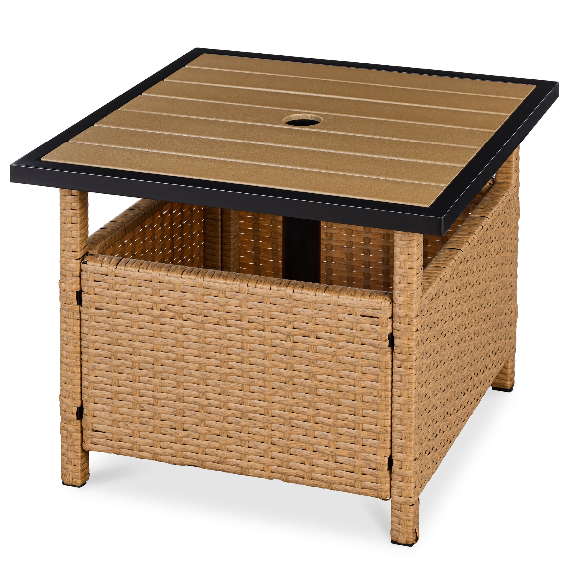 Outdoor Wicker Patio Side Table Accent Furniture w/ Umbrella Hole