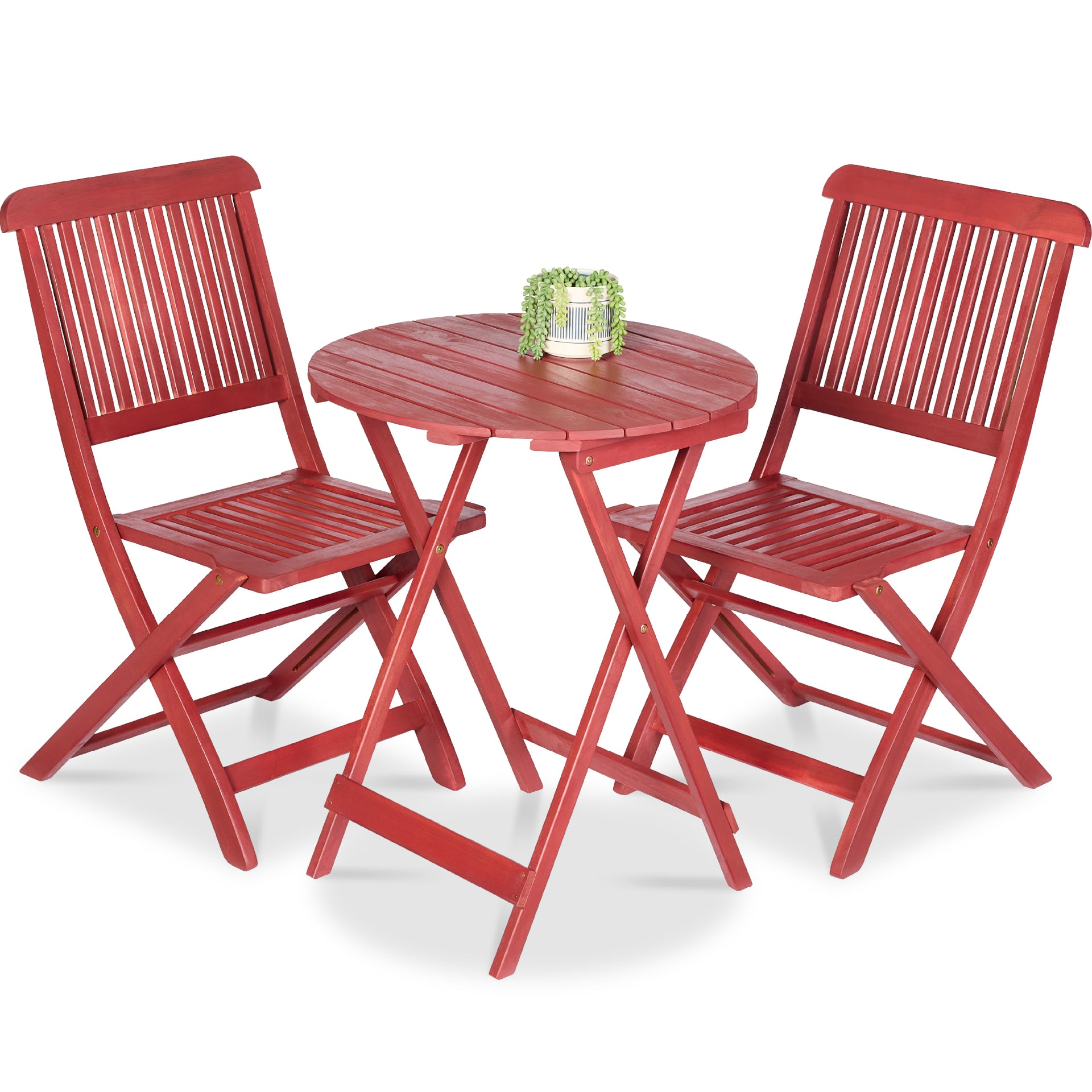 Acacia Wood Bistro Set - 3 Piece Folding Patio Set With Coffee Table & 2 Chairs | Brown Stained Outdoor Furniture For Balcony, Garden