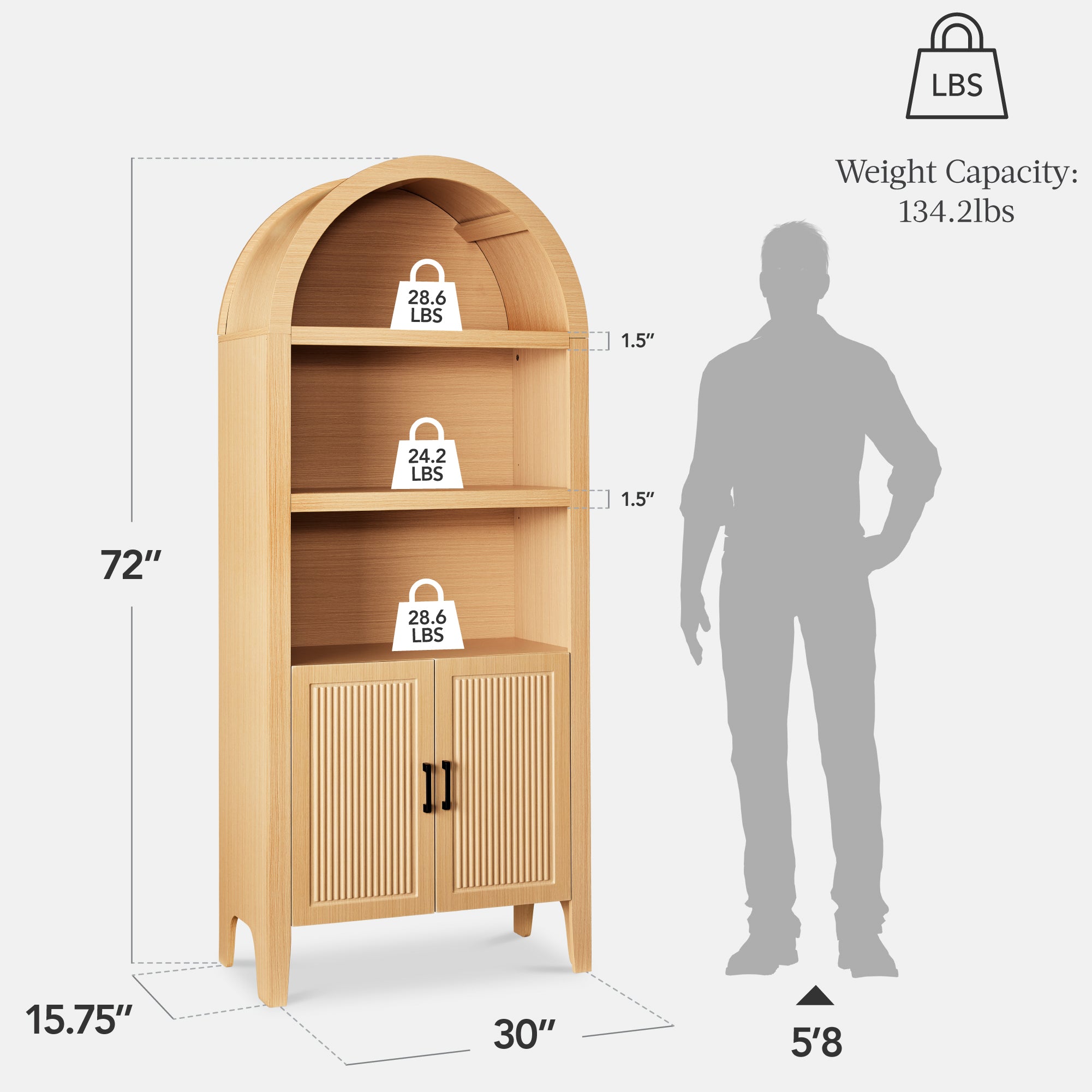 72" Tall Arched Pantry Cabinet w/ Doors, 5-Tier Storage Cabinet w/ Shelves