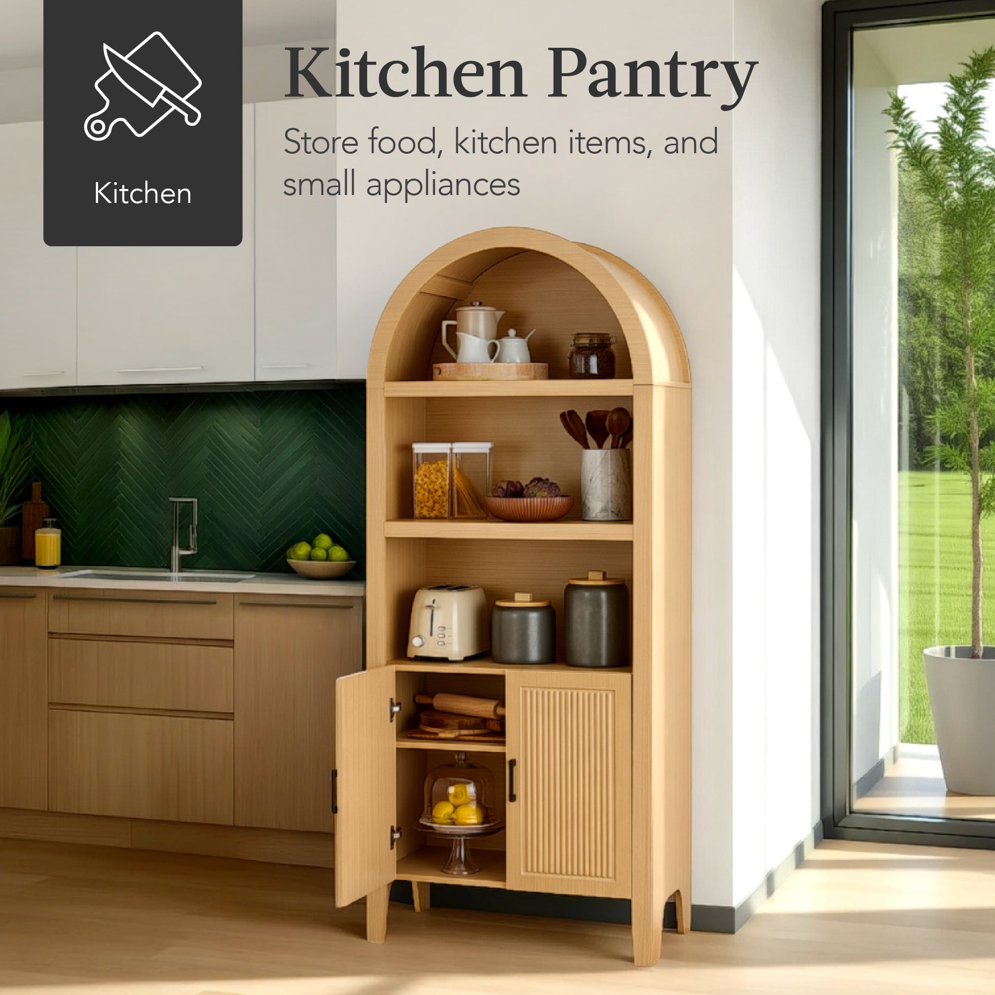 Arched 5-Tier Storage Cabinet w/ Reeded Doors, Adjustable Shelves - 72in