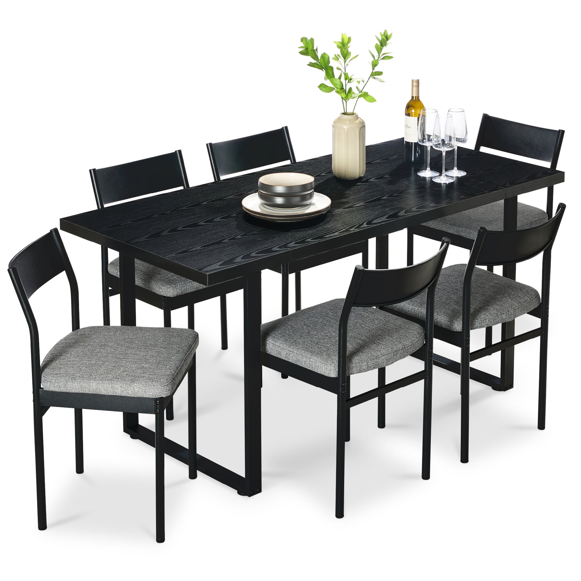 7-Piece Modern Dining Set, Kitchen Table w/ 6 Chairs, Metal Frame