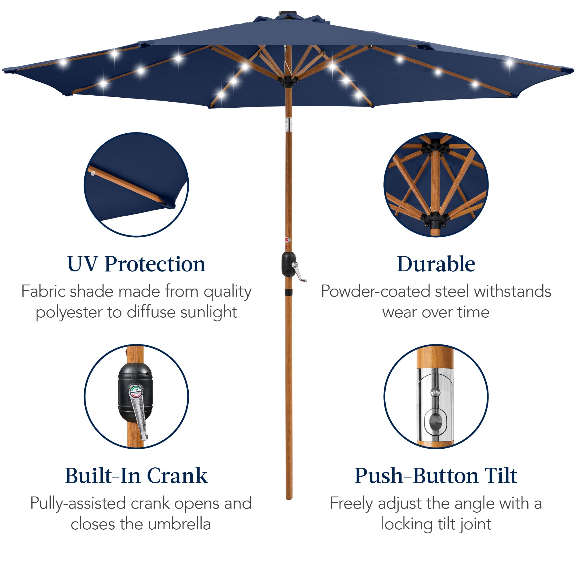 Woodgrain Pattern Solar LED Lighted Patio Umbrella w/ Adjustable Tilt - 10ft - Thumbnail 3
