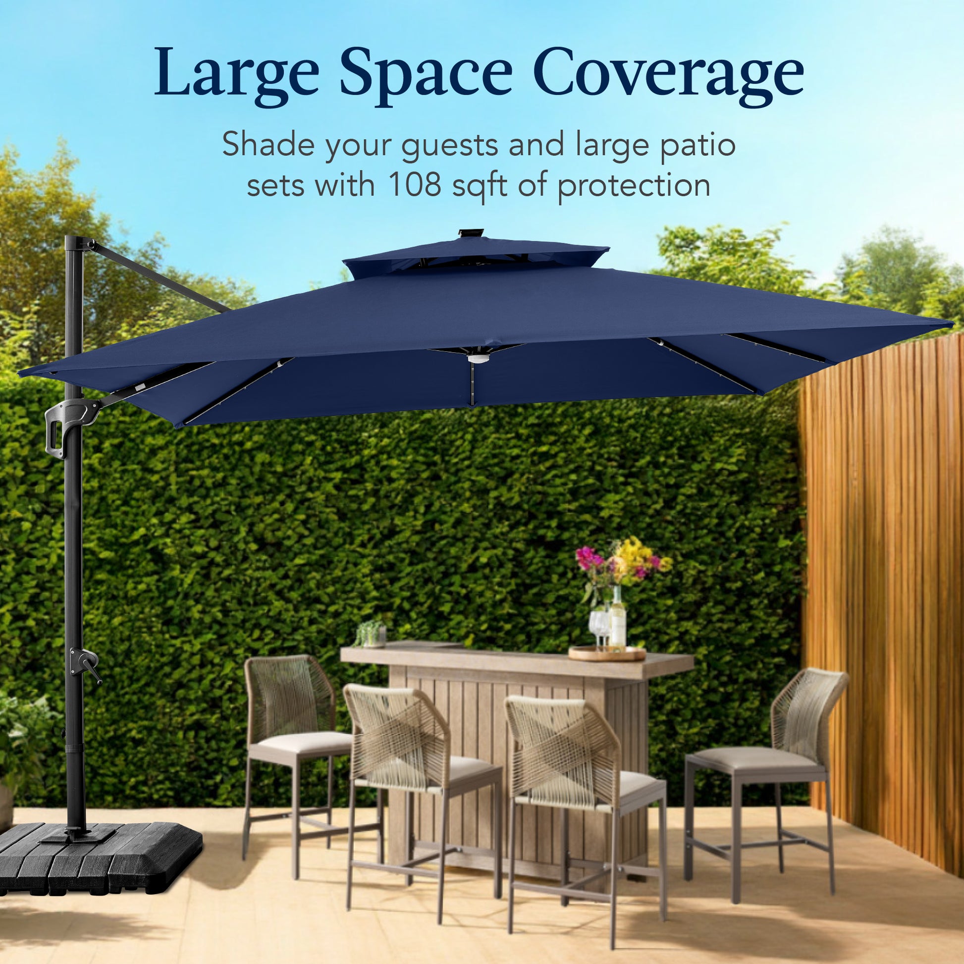 best spf patio umbrella Best Choice Products 9x12ft 2-Tier Square Outdoor Solar LED Cantilever Umbrella w/ 360-Rotating Base Black