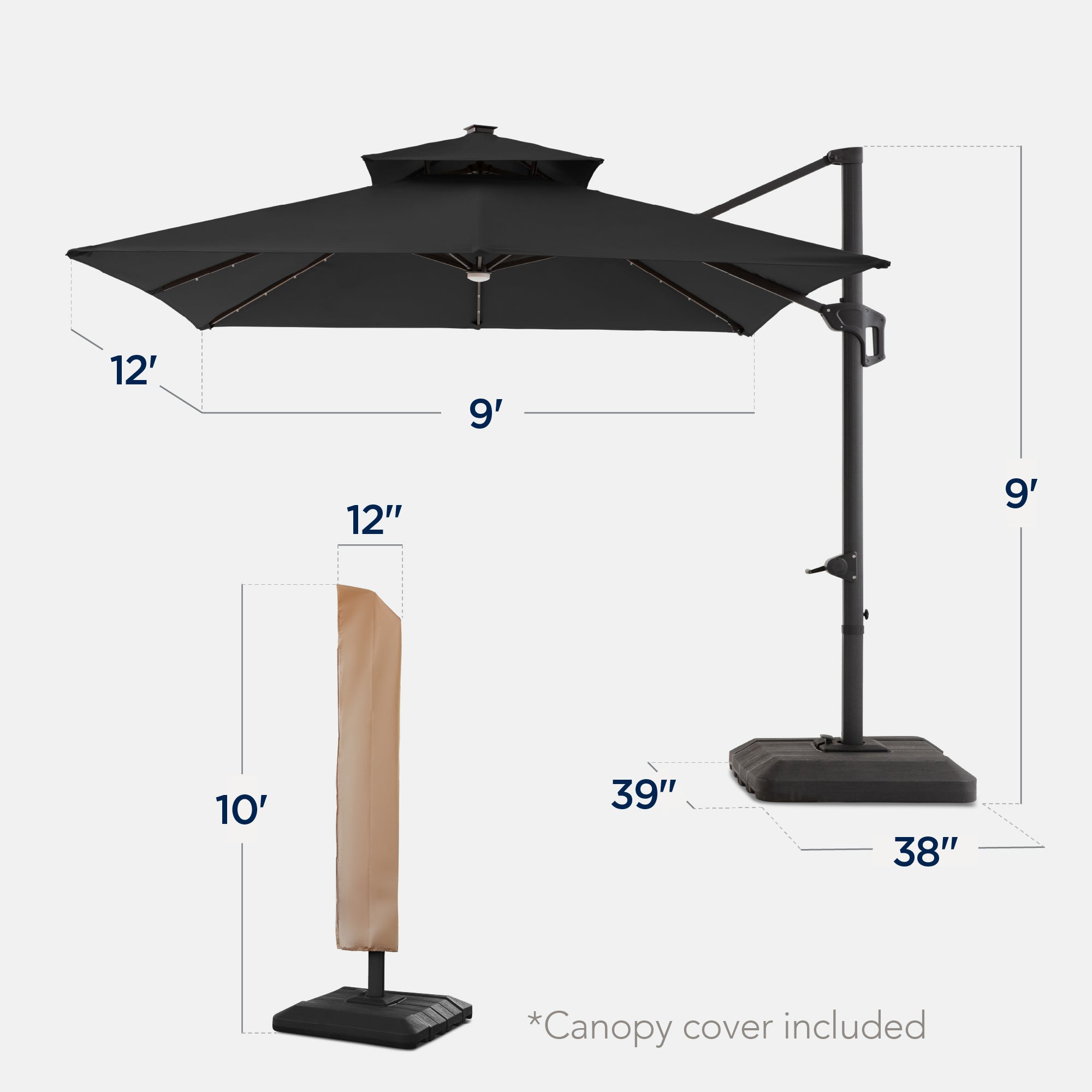 9x12ft 2-Tier Outdoor Solar LED Cantilever Patio Umbrella
