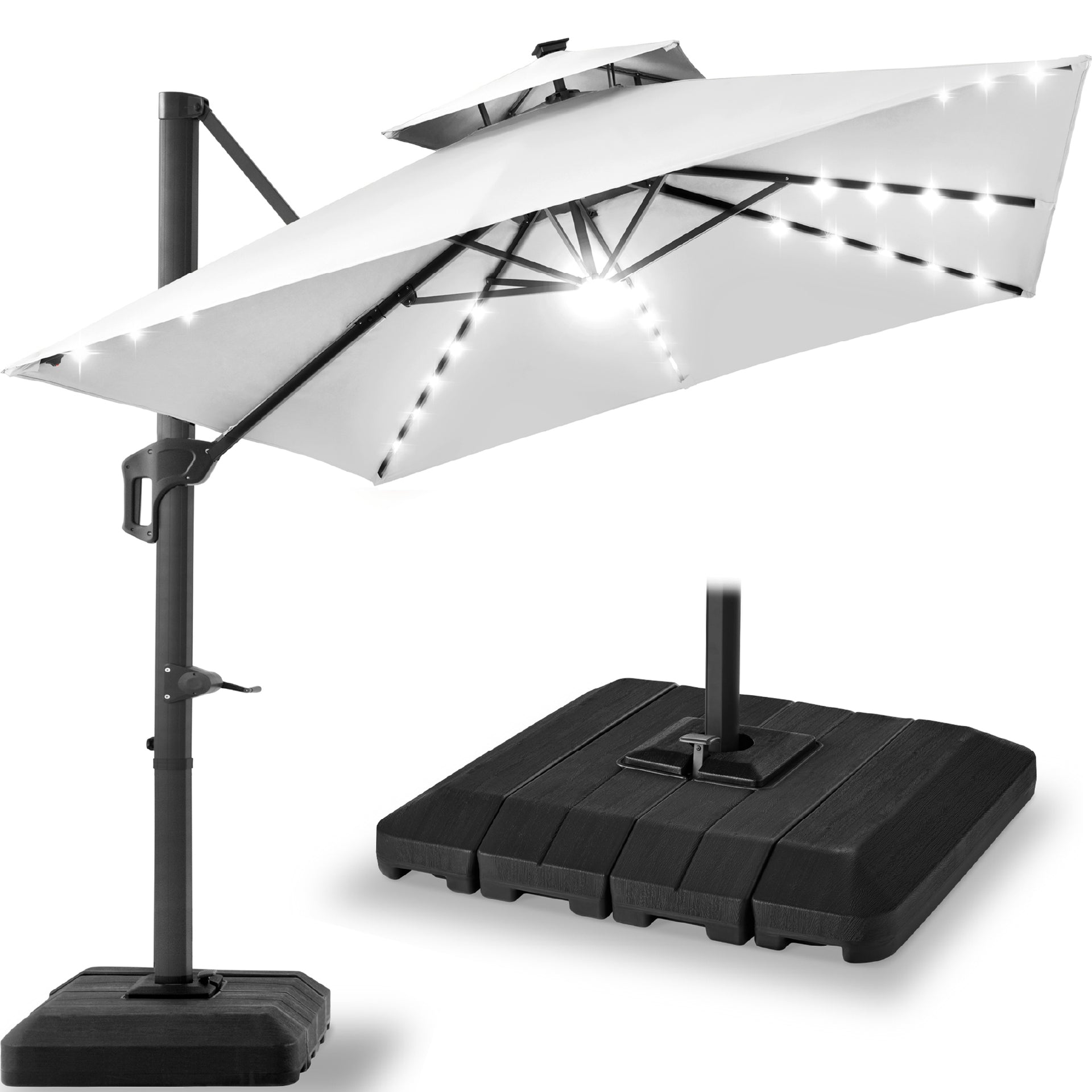 cantilever patio umbrella with lights and base Domi Outdoor Living Solar this umbrella will indulge you in plenty of shade all day long and keep your nights bright with its 32 solar 9x12ft 2-Tier Outdoor Solar LED
