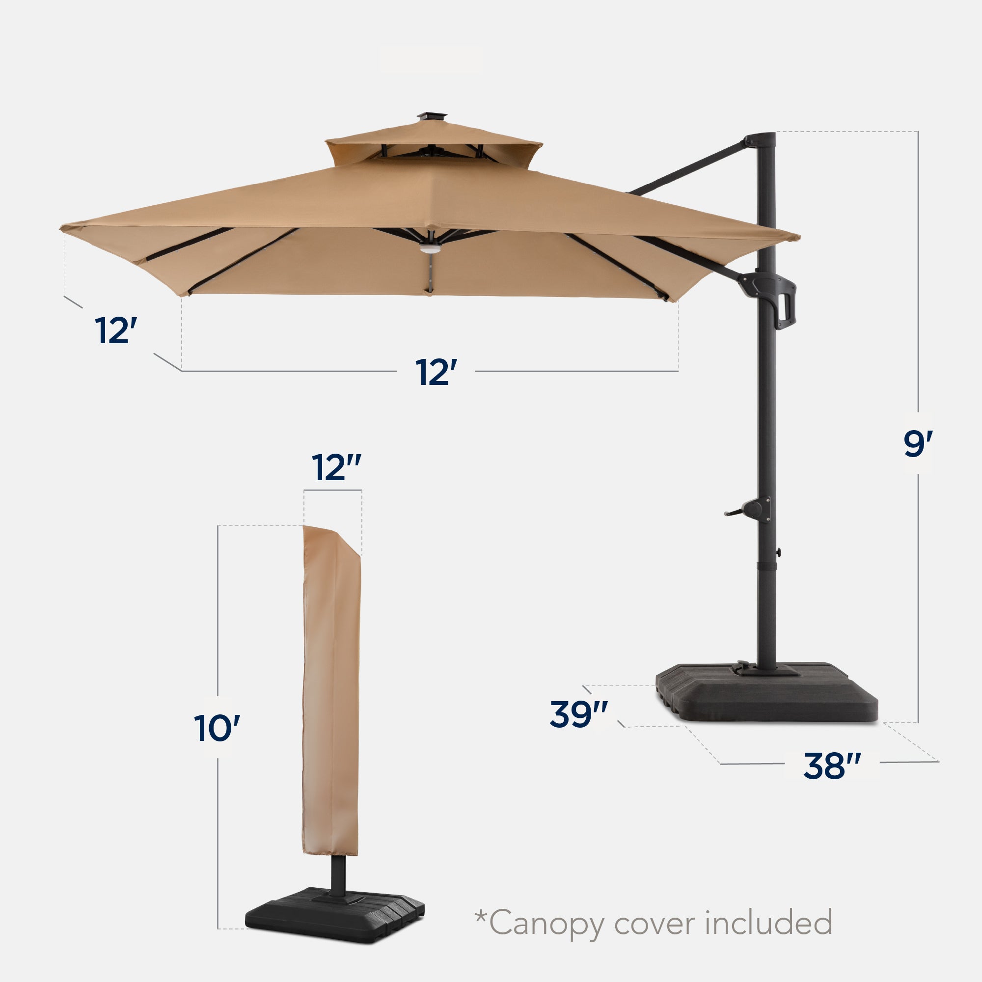 12x12ft 2-Tier Outdoor Solar LED Cantilever Patio Umbrella
