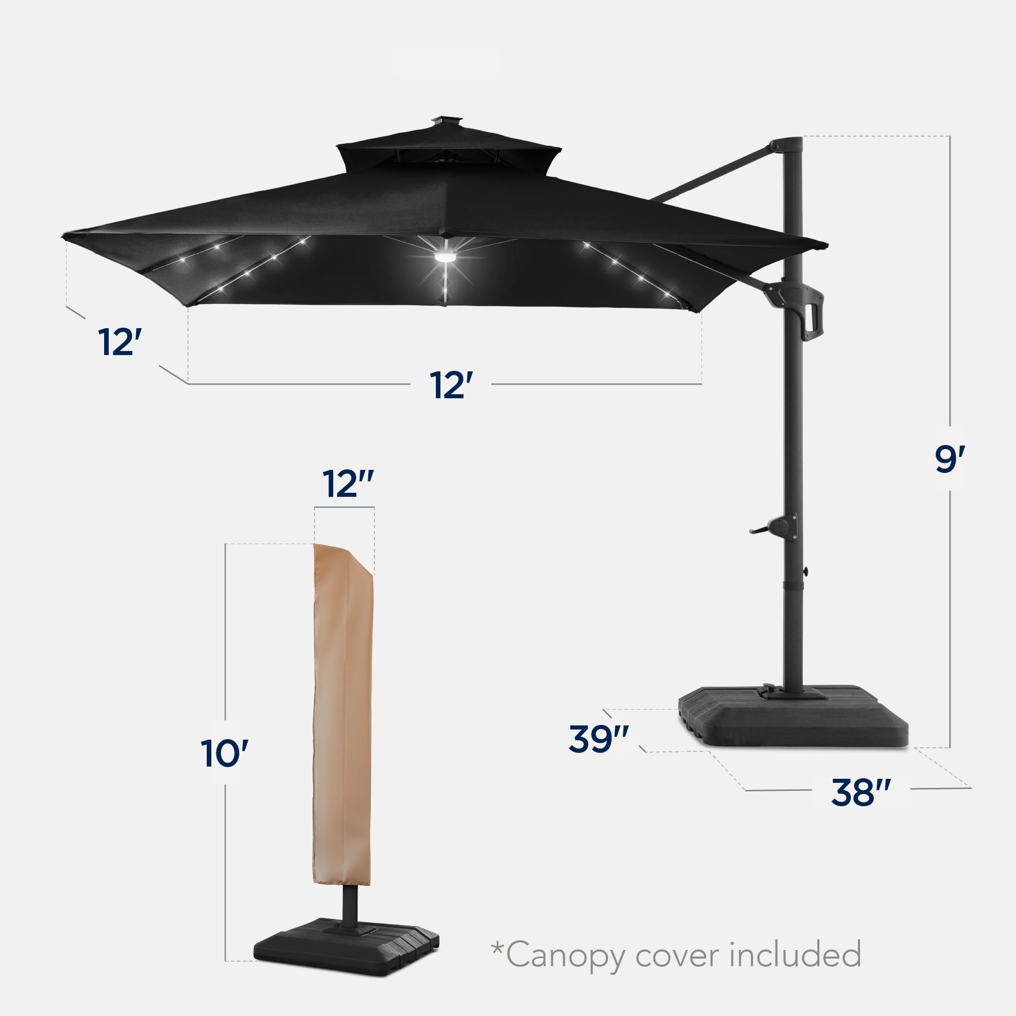12x12ft 2-Tier Outdoor Solar LED Cantilever Patio Umbrella