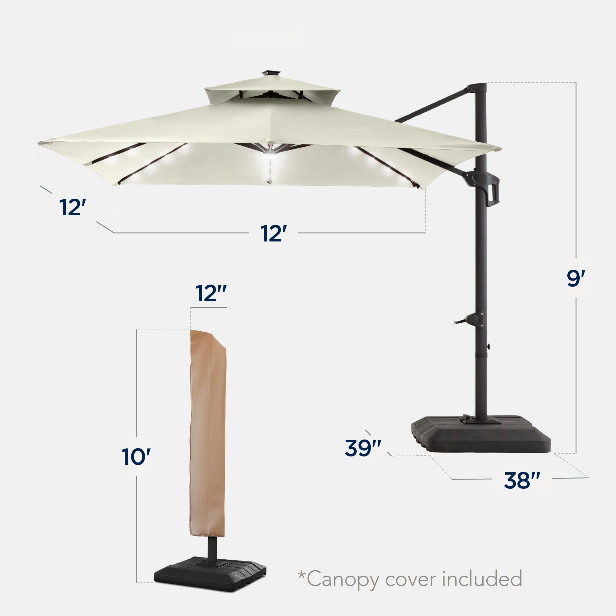 12x12ft 2-Tier Outdoor Solar LED Cantilever Patio Umbrella