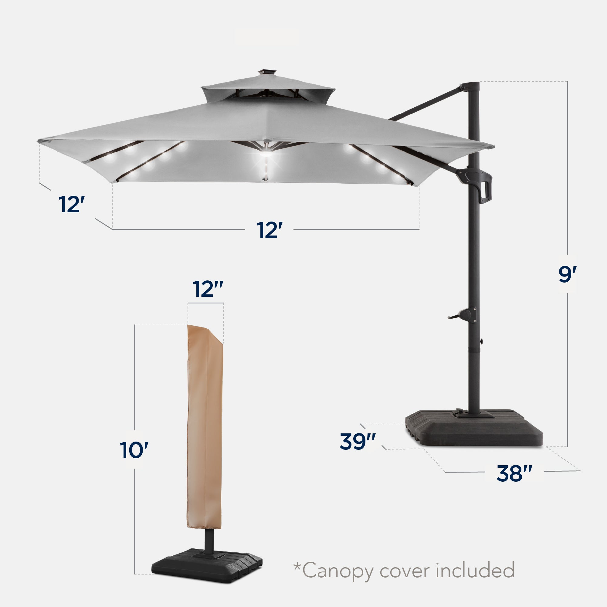 12x12ft 2-Tier Outdoor Solar LED Cantilever Patio Umbrella