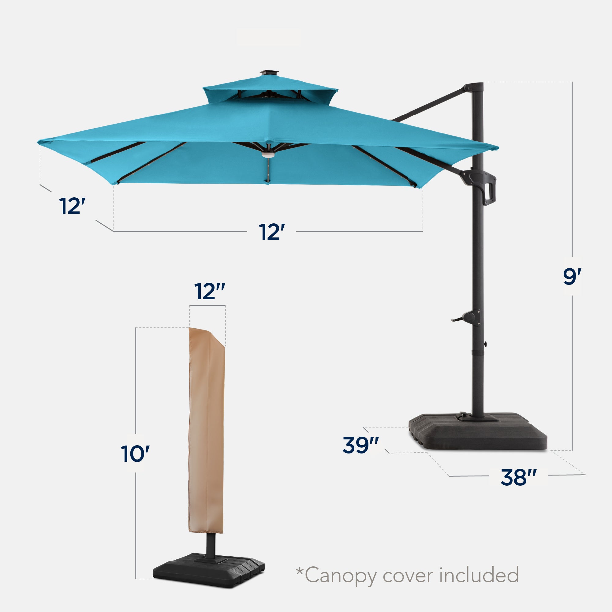 12x12ft 2-Tier Outdoor Solar LED Cantilever Patio Umbrella