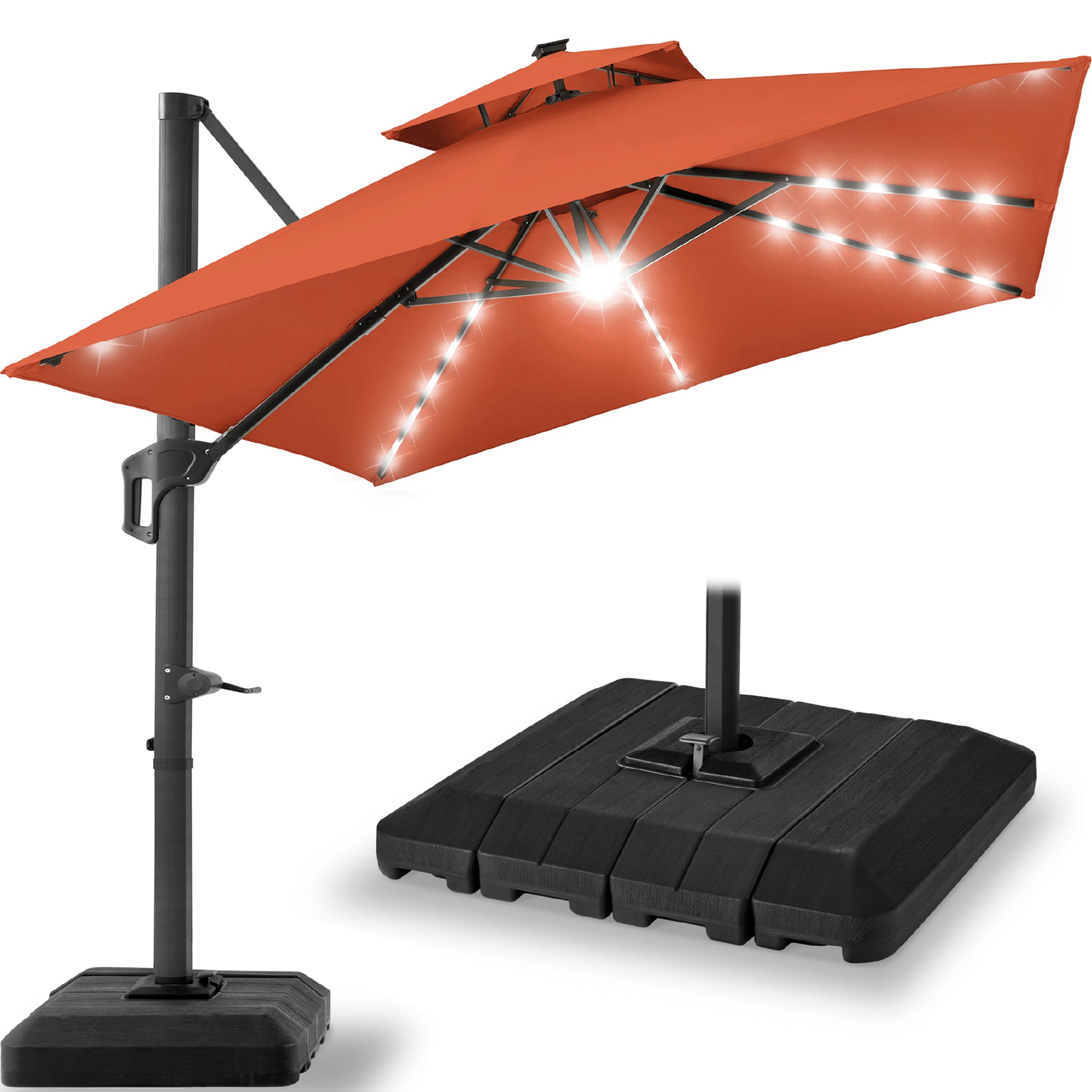Best Choice Products 12x12ft 2-Tier Square Outdoor Solar LED Cantilever Umbrella w/ 360-Rotating Base Rust