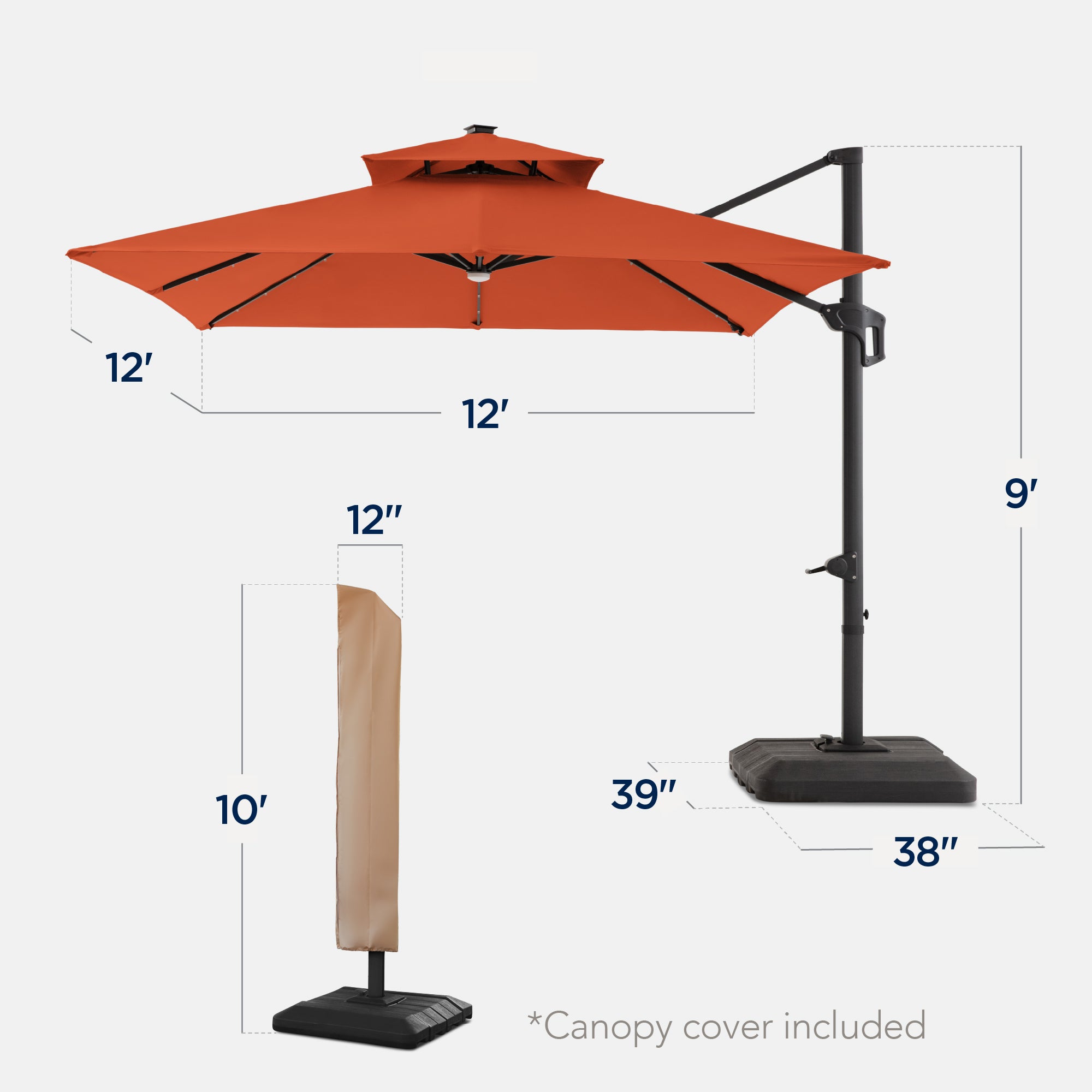 12x12ft 2-Tier Outdoor Solar LED Cantilever Patio Umbrella
