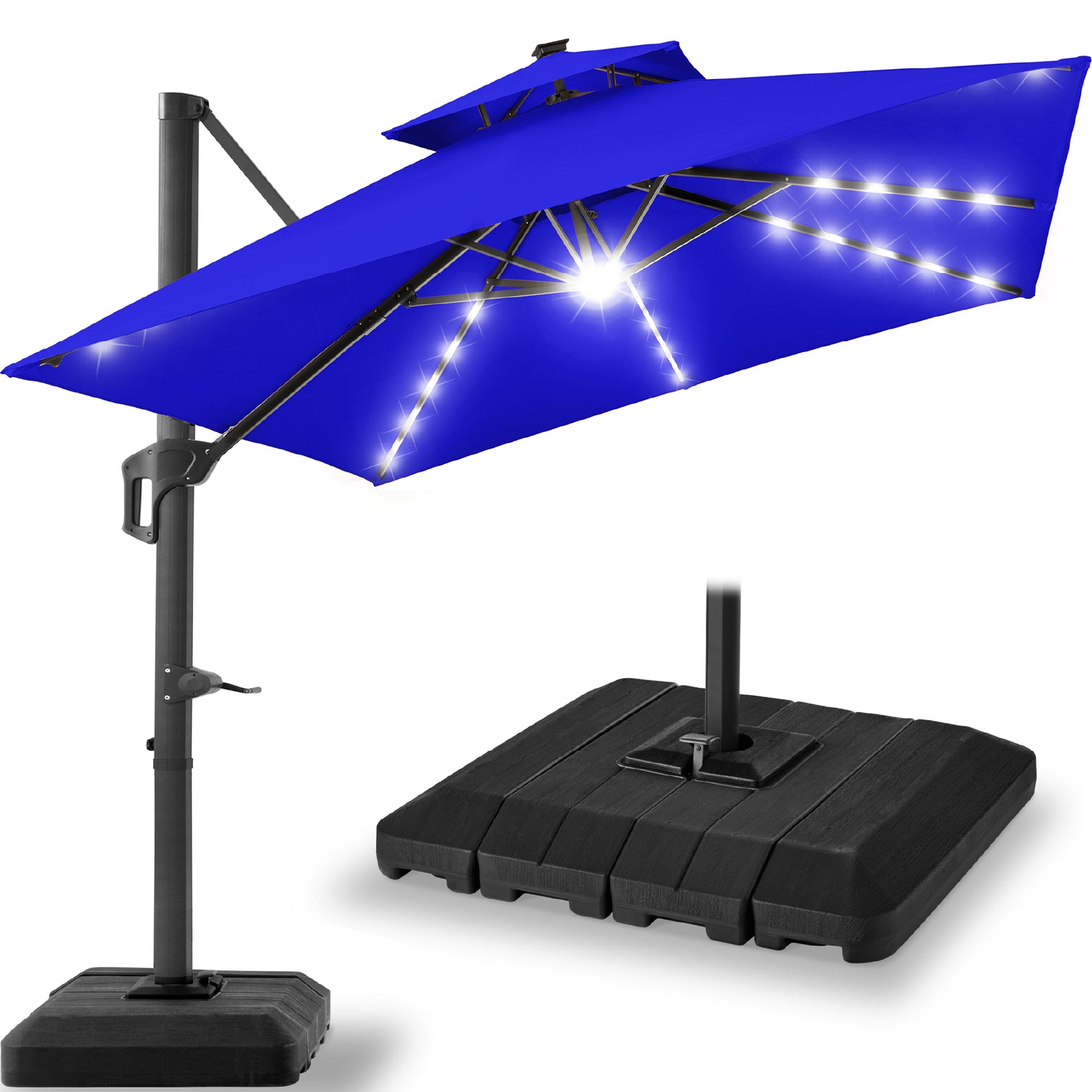 Best Choice Products 12x12ft 2-Tier Square Outdoor Solar LED Cantilever Umbrella w/ 360-Rotating Base Resort Blue