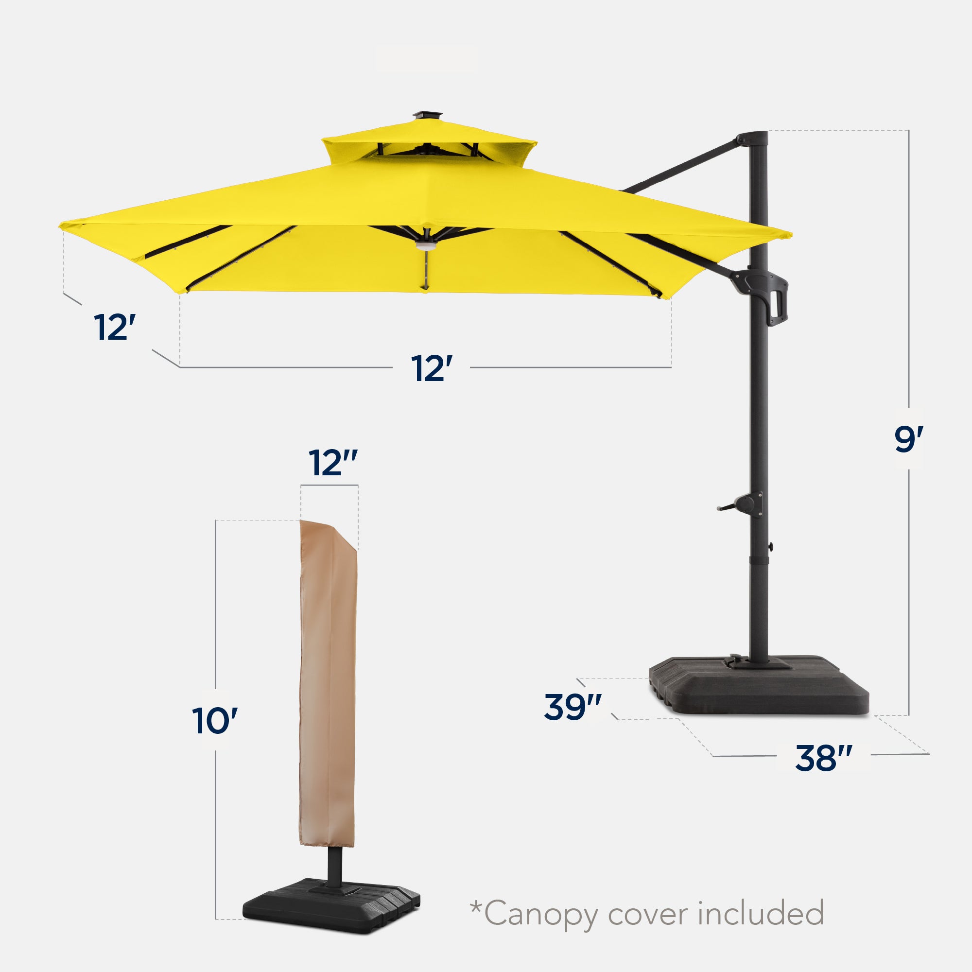 12x12ft 2-Tier Outdoor Solar LED Cantilever Patio Umbrella