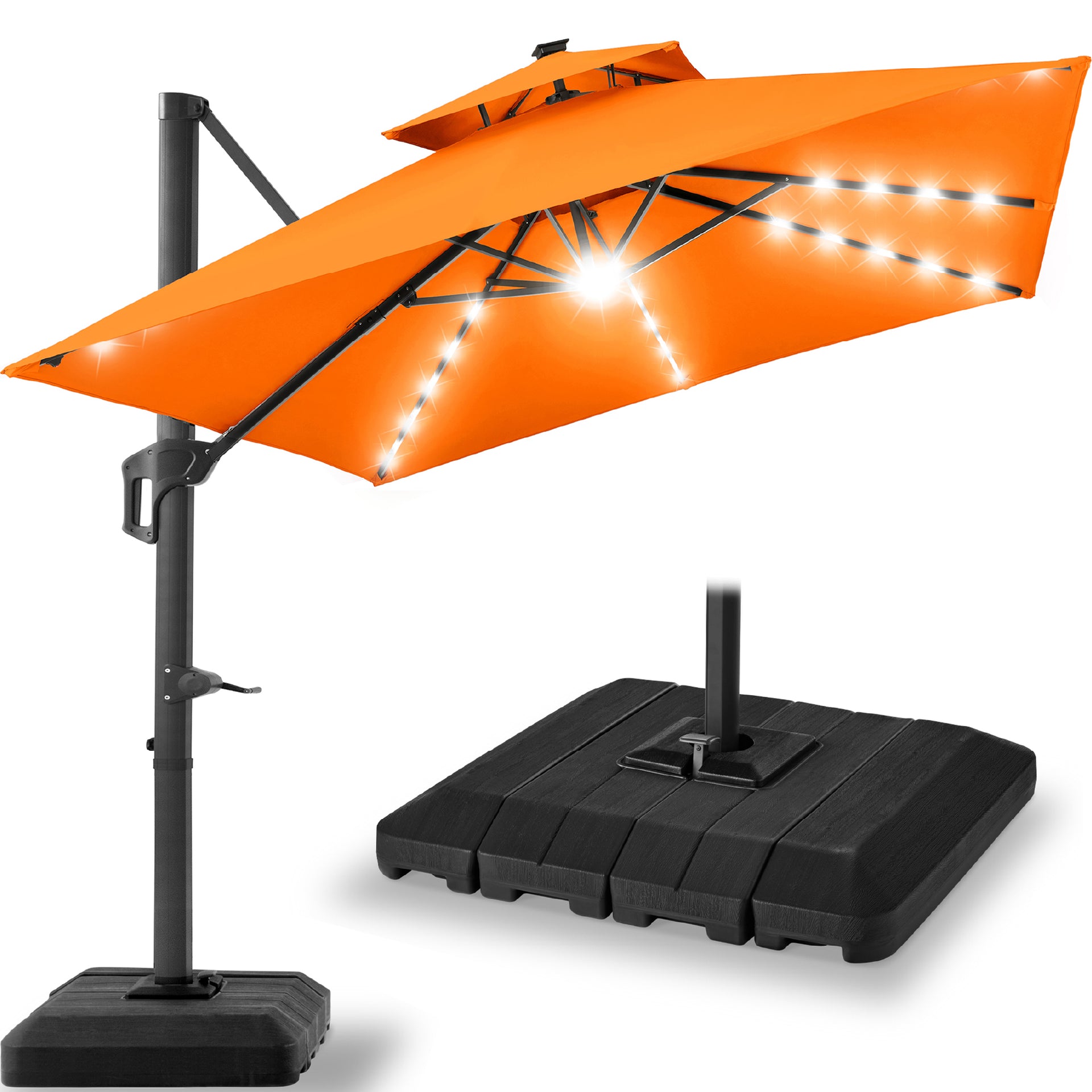 Best Choice Products 12x12ft 2-Tier Square Outdoor Solar LED Cantilever Umbrella w/ 360-Rotating Base Orange