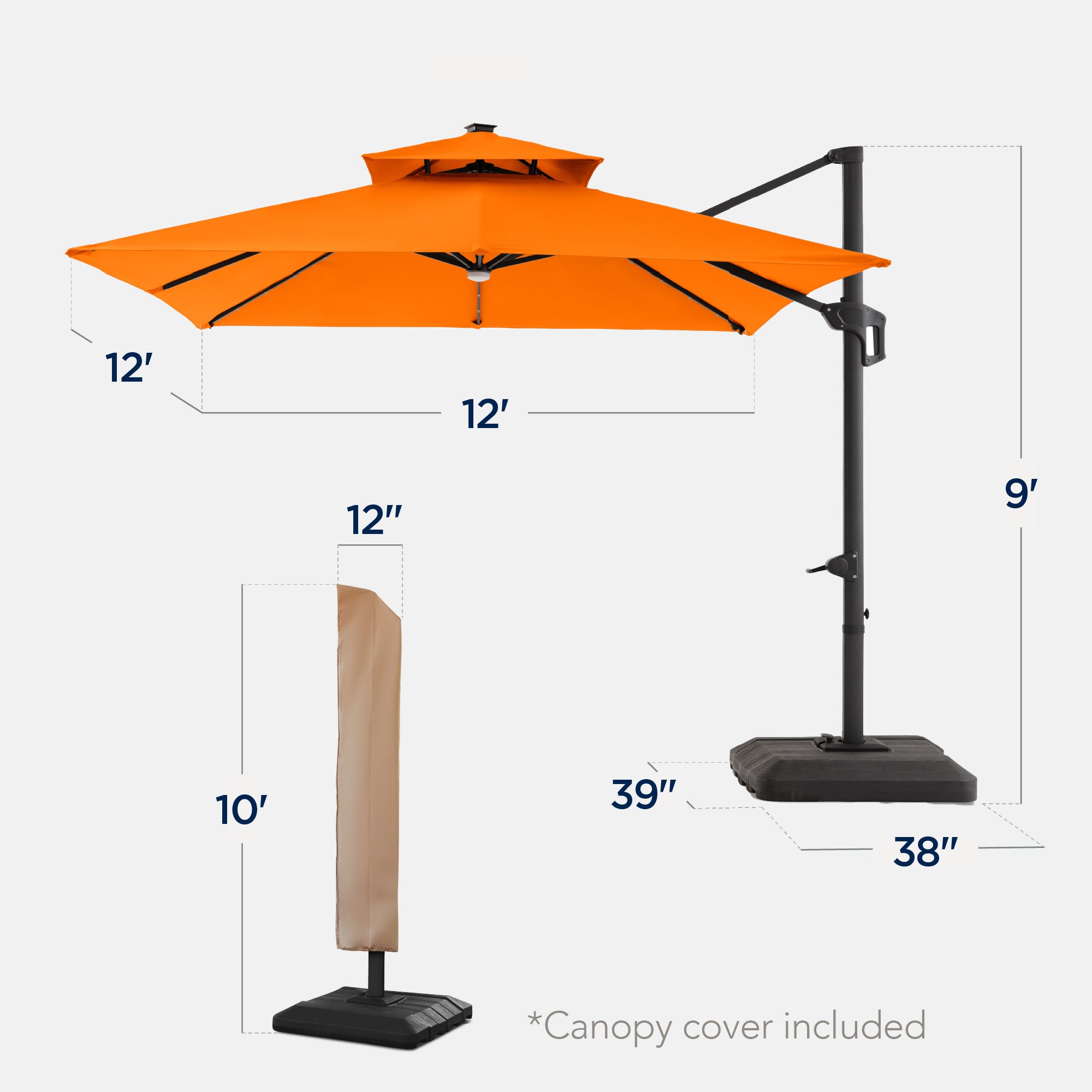 12x12ft 2-Tier Outdoor Solar LED Cantilever Patio Umbrella