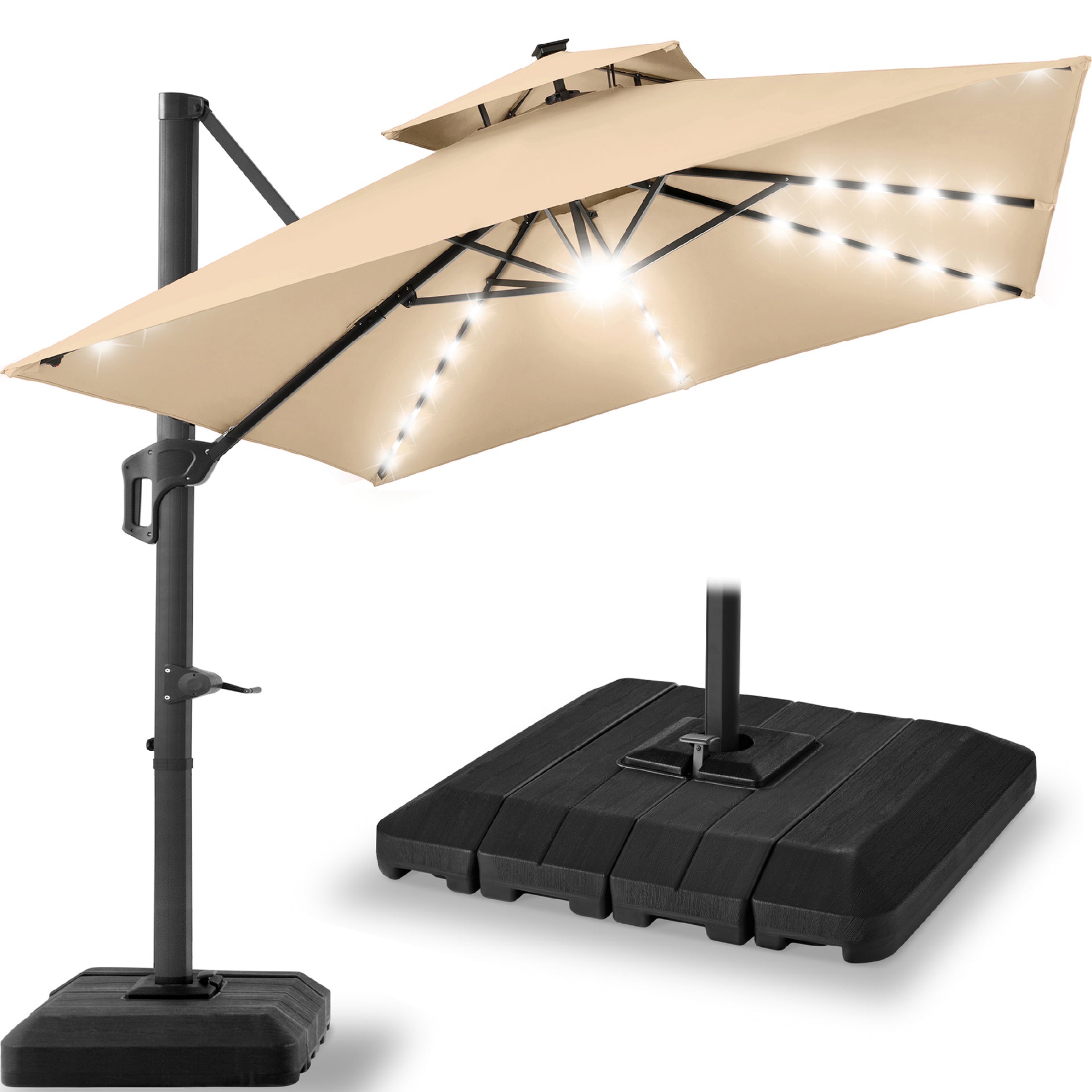 Best Choice Products 12x12ft 2-Tier Square Outdoor Solar LED Cantilever Umbrella w/ 360-Rotating Base Tan