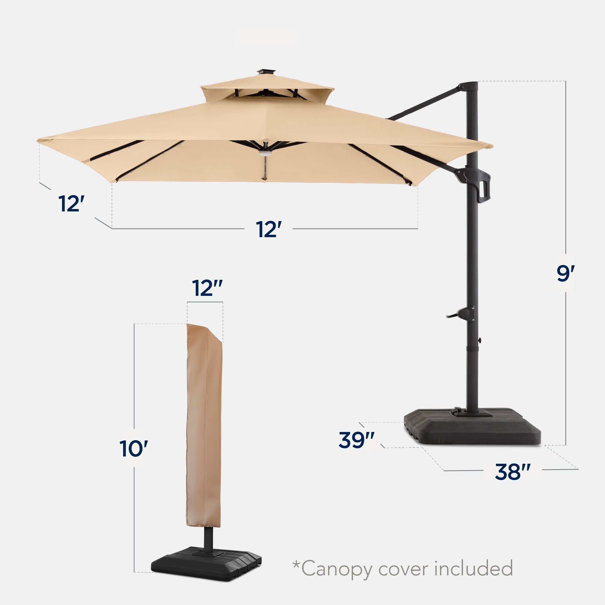 12x12ft 2-Tier Outdoor Solar LED Cantilever Patio Umbrella