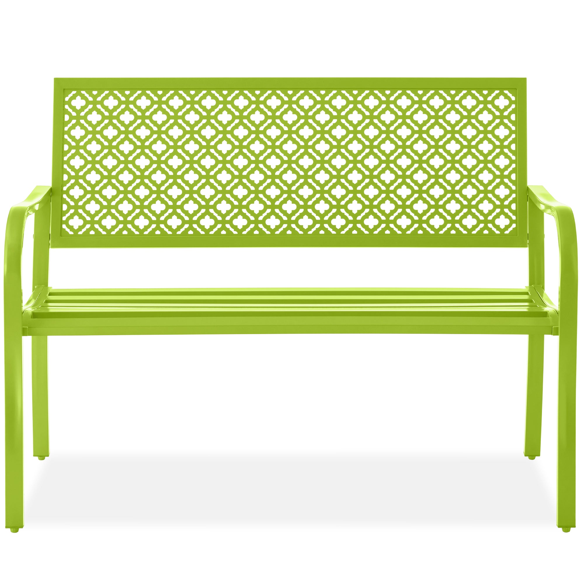 Indoor Outdoor Steel Bench w/ Geometric Backrest, Foot Levelers