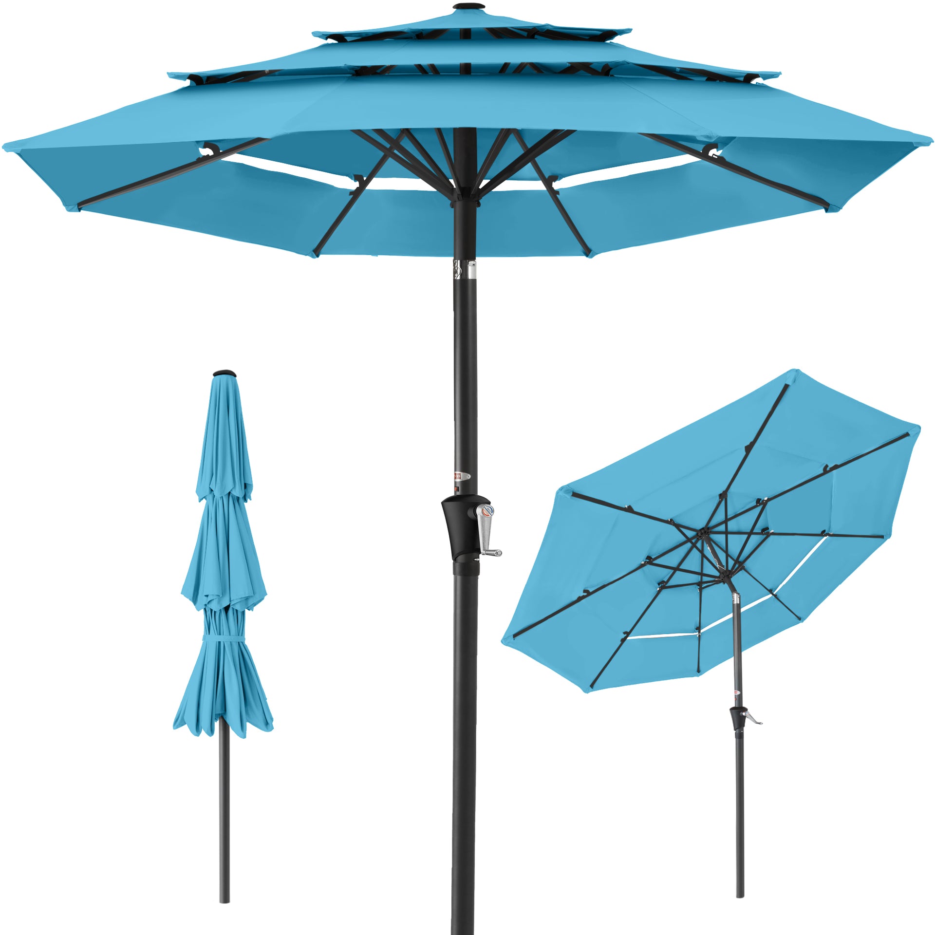 best 10' patio umbrella Choice Products 10ft 360 Rotating Cantilever Offset Hanging Solar powered LED lights also allow for night use 3-Tier Patio Umbrella w/ Tilt
