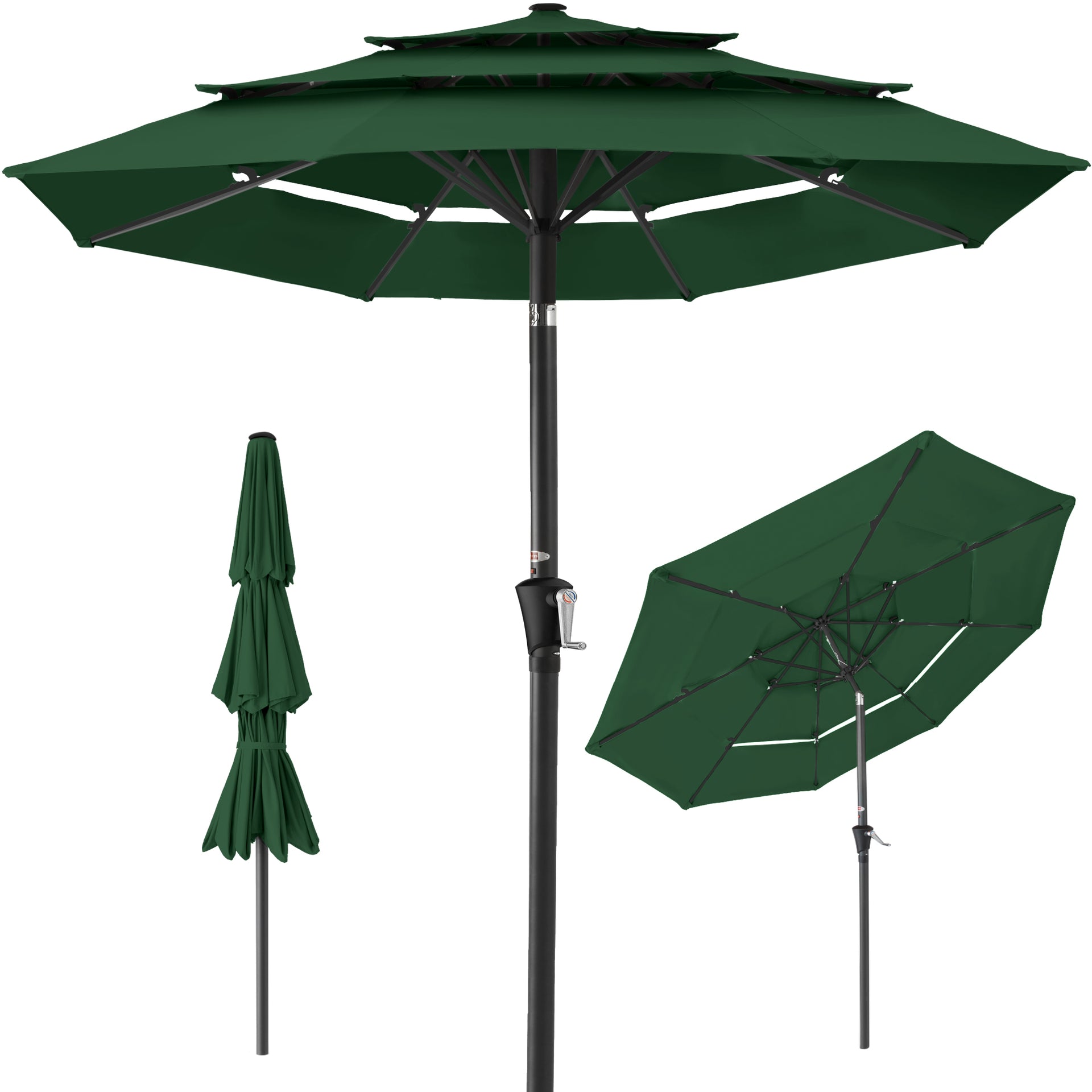 hurricane resistant patio umbrella EliteShade USA 10-Year-Non-Fading 9ft 3-Tier Market Umbrella, Commercial Grade Outdoor Table with Crank Open, Windproof & UPF 50+ UV Protection, Heavy Duty Ventilation for Garden, Deck, Pool, Backyard this patio cantilever umbrella has a powerful rotation + height adjustment function Bambrella Hurricane 10 Foot Square