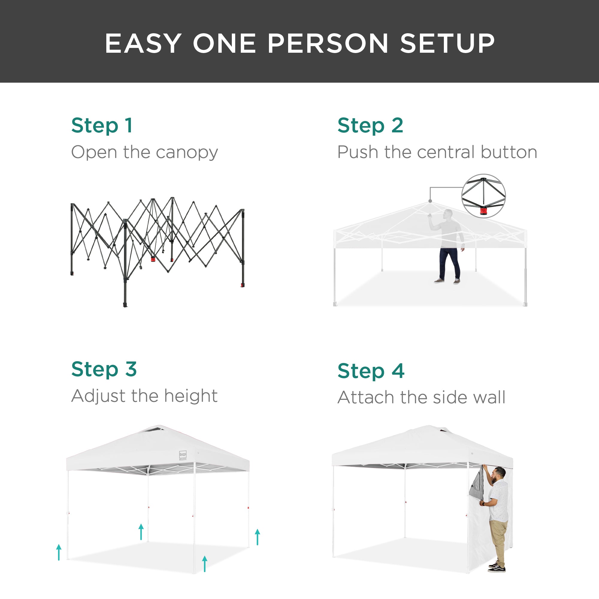 One-Person Setup Instant Pop Up Canopy w/ Side Wall, Carrying Case - 10x10ft