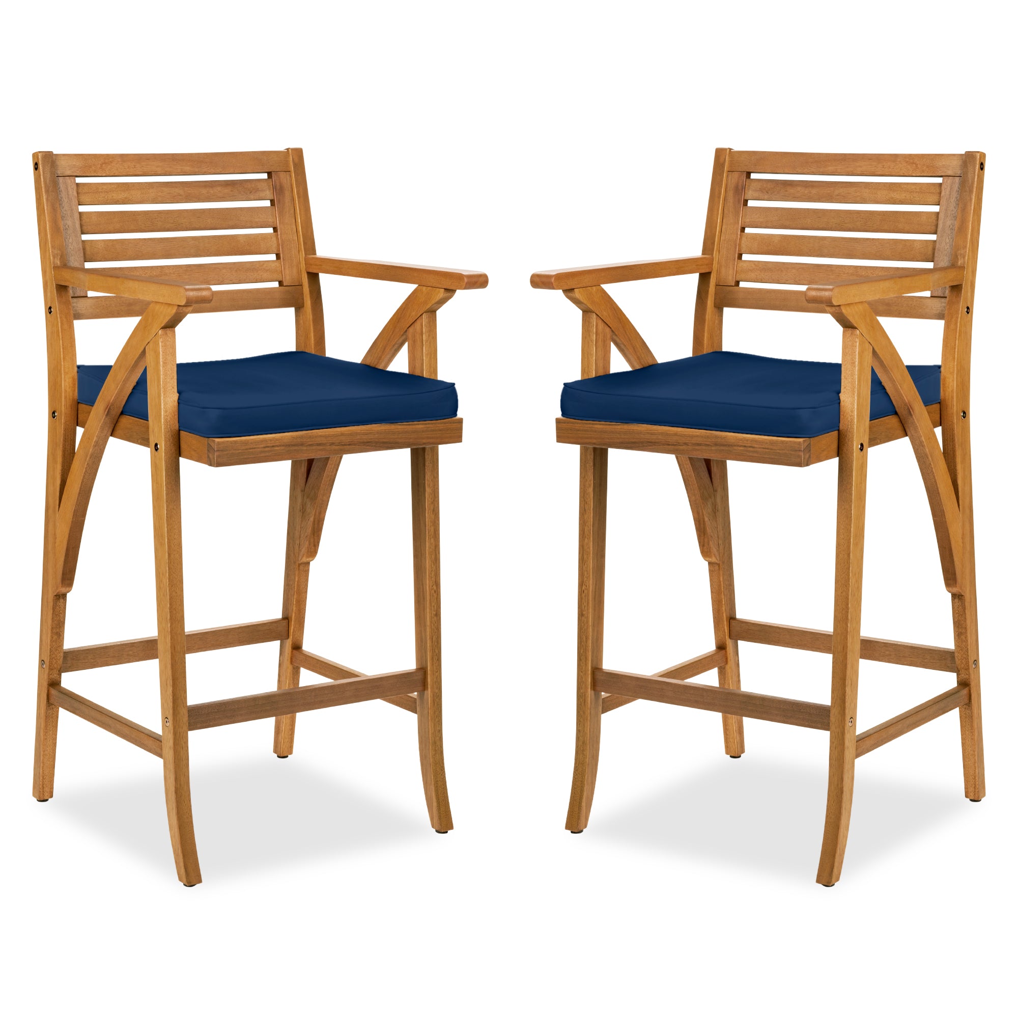 Set of 2 Outdoor Acacia Wood Bar Stools Chairs w/ Weather-Resistant Cushions