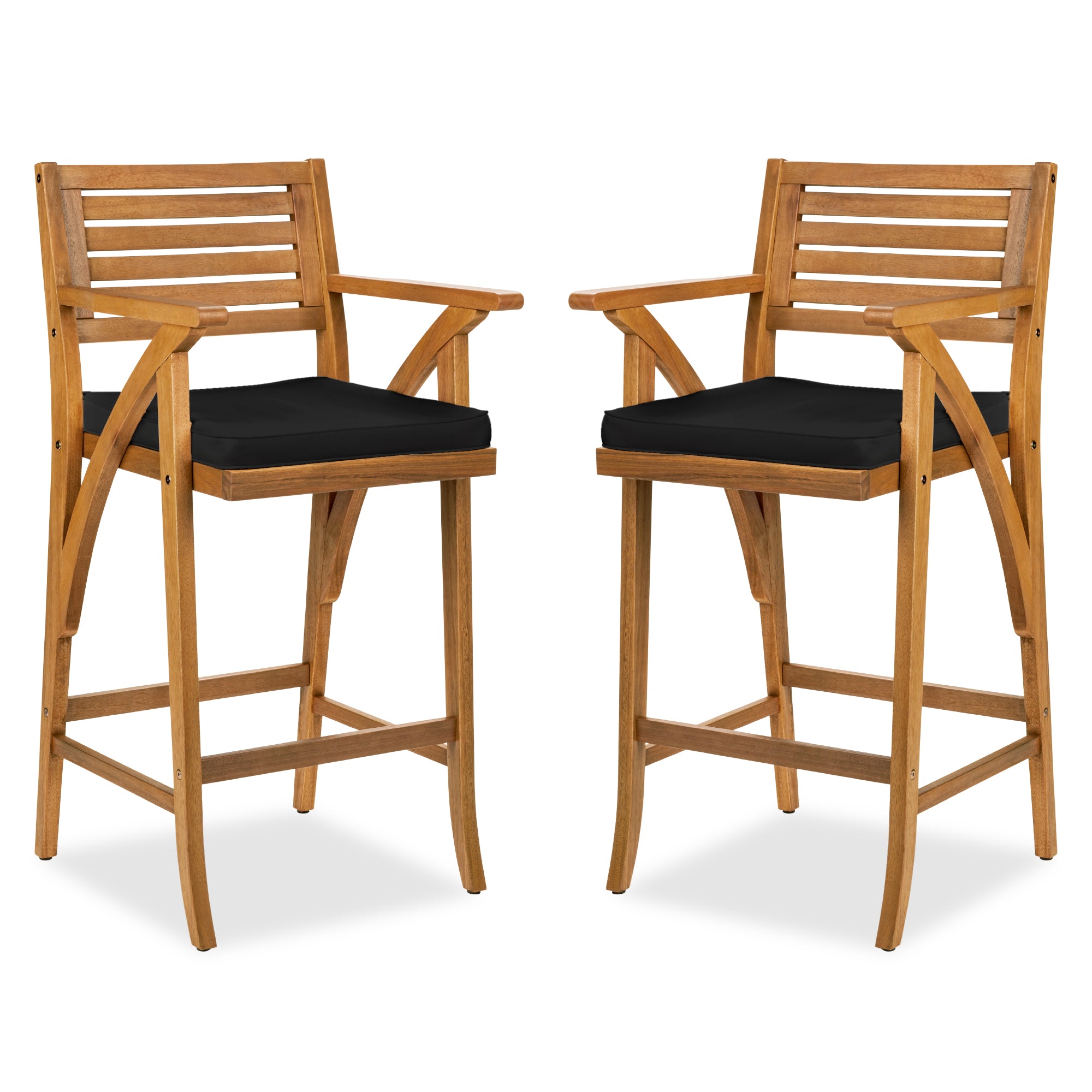 Set of 2 Outdoor Acacia Wood Bar Stools Chairs w/ Weather-Resistant Cushions