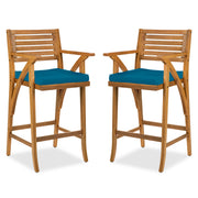 Set of 2 Outdoor Acacia Wood Bar Stools Chairs w/ Weather-Resistant Cushions