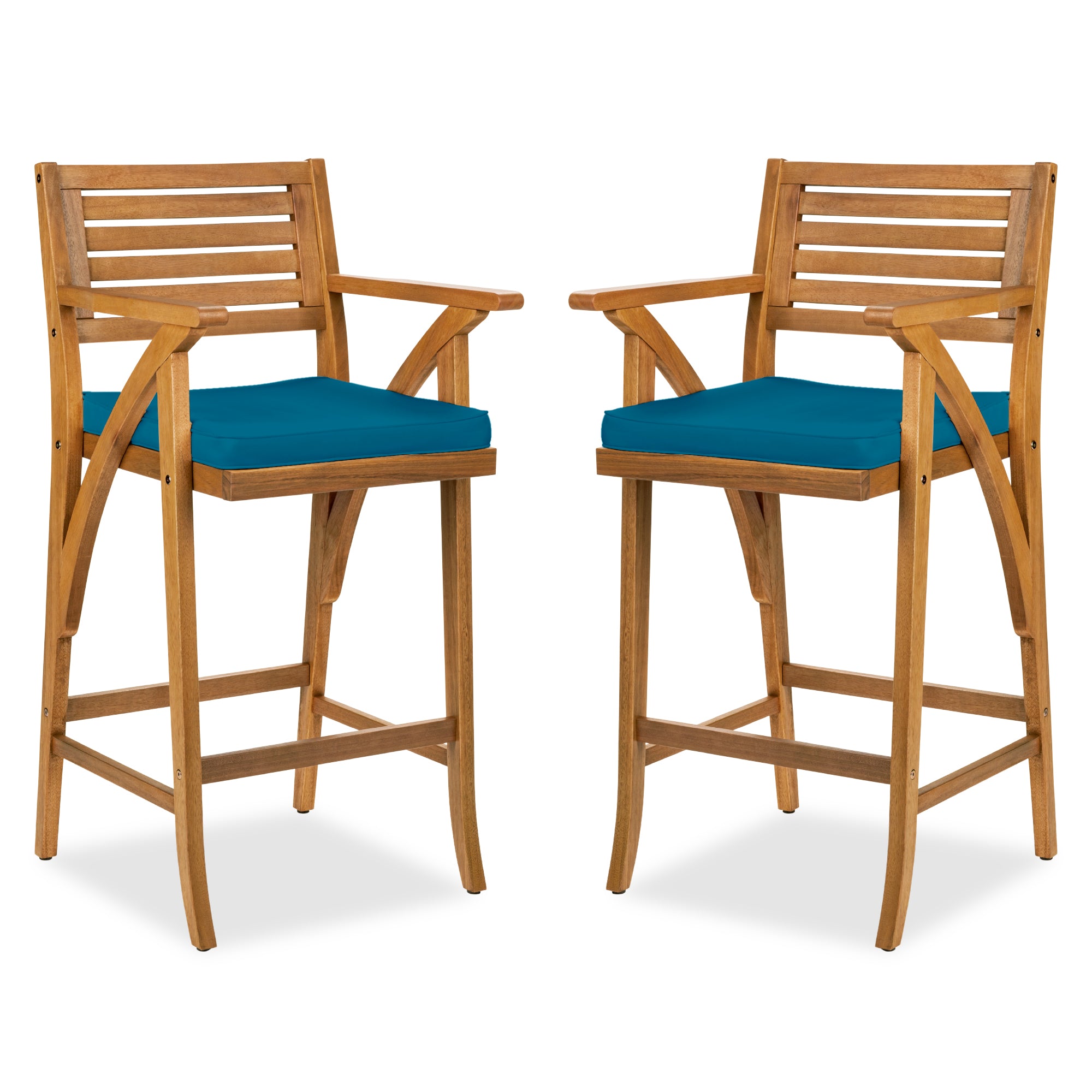 Set of 2 Outdoor Acacia Wood Bar Stools Chairs w/ Weather-Resistant Cushions