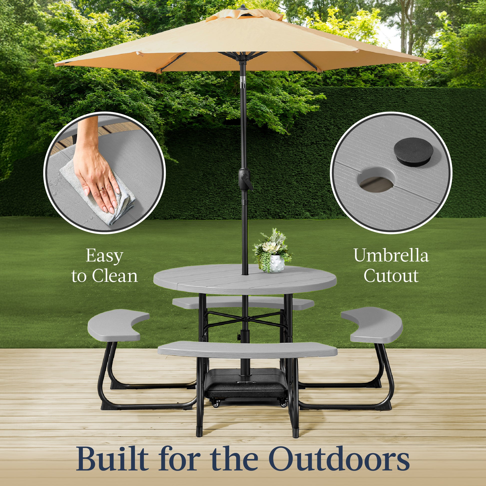 4 person patio table with umbrella hole Best Choice Products 8-Person Circular Outdoor Picnic Table w/ 4 Benches, Umbrella Hole, 2000lb Capacity