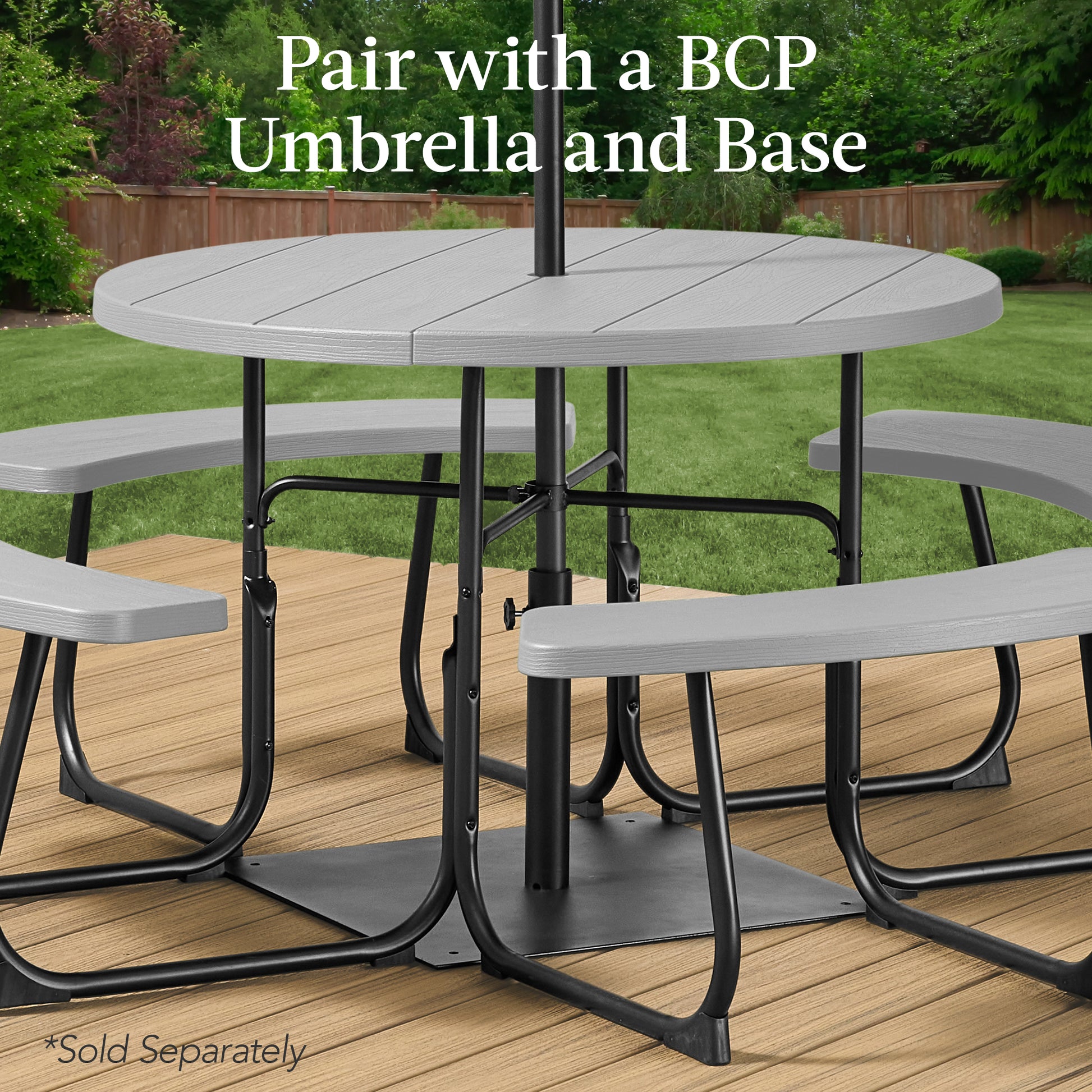 folding patio tables with umbrella hole Best Choice Products 8-Person Circular Outdoor Picnic Table w/ 4 Benches, Umbrella Hole, 2000lb Capacity