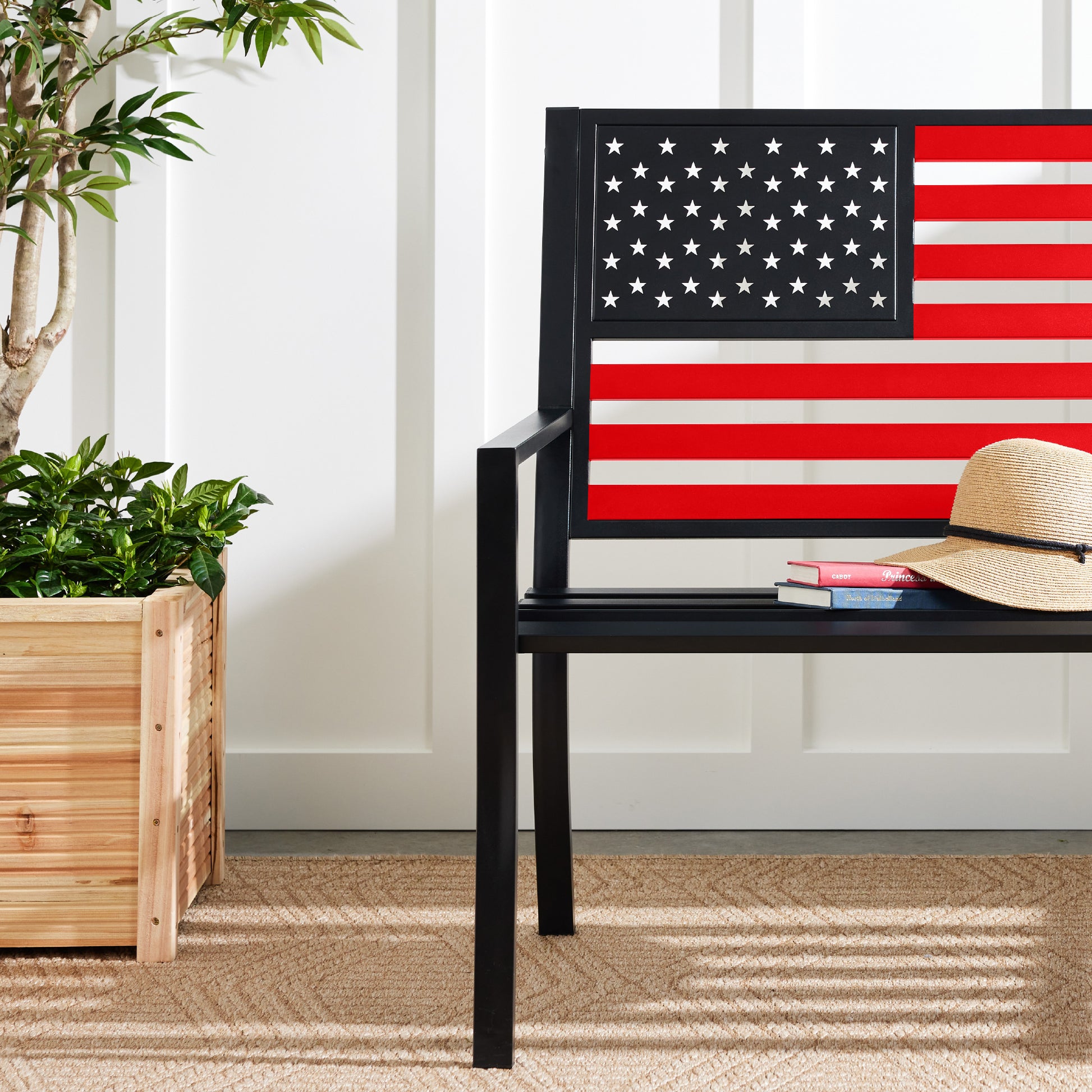 Indoor Outdoor Steel Bench w/ American Flag Backrest, 790lb Capacity