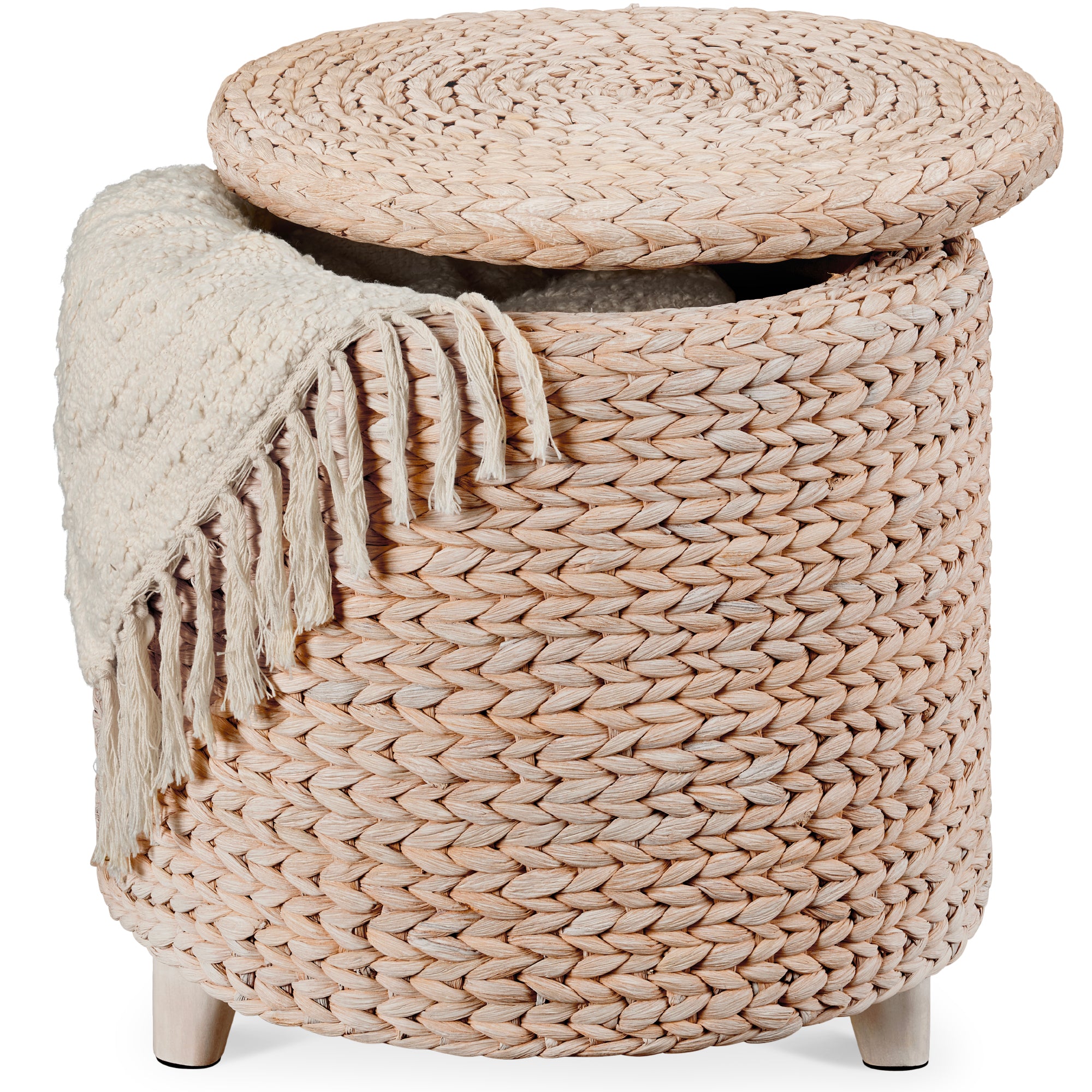 17" Round Storage Ottoman with Lid, Handwoven Water Hyacinth Footstool