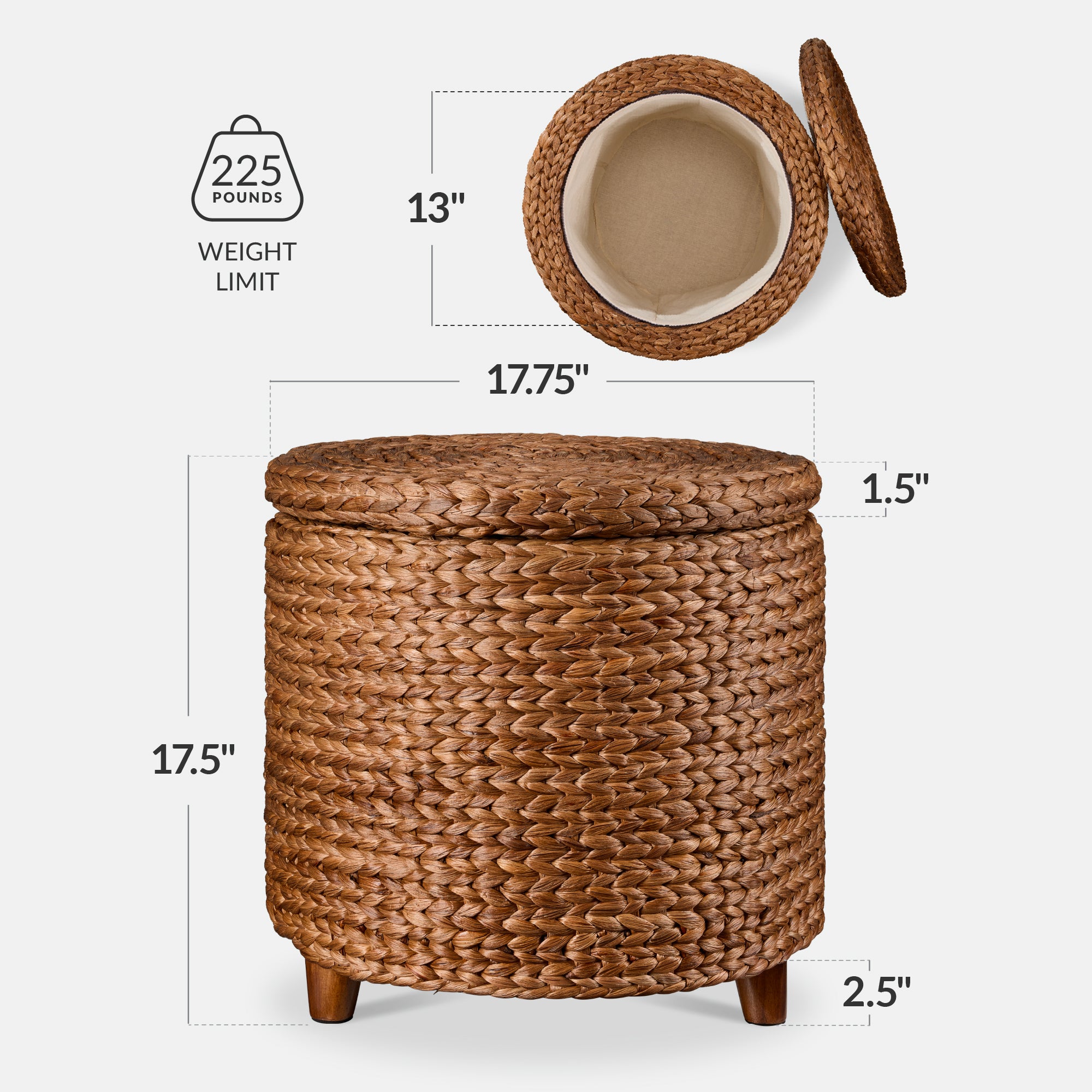 17" Round Storage Ottoman with Lid, Handwoven Water Hyacinth Footstool