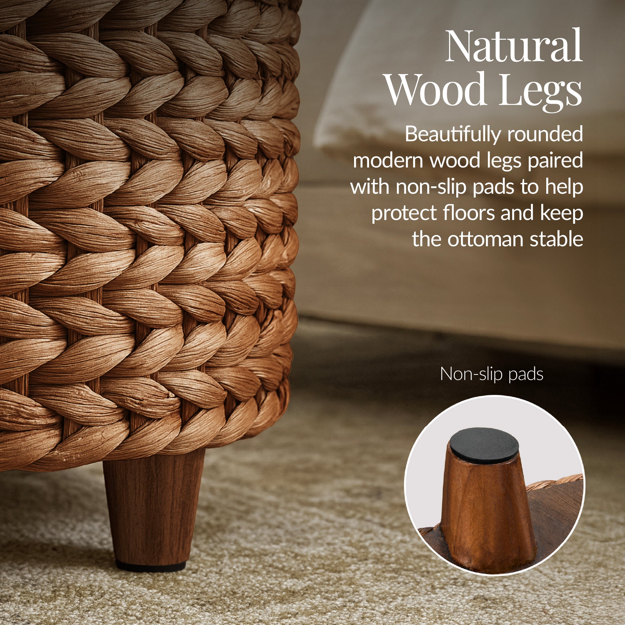 17" Round Storage Ottoman with Lid, Handwoven Water Hyacinth Footstool