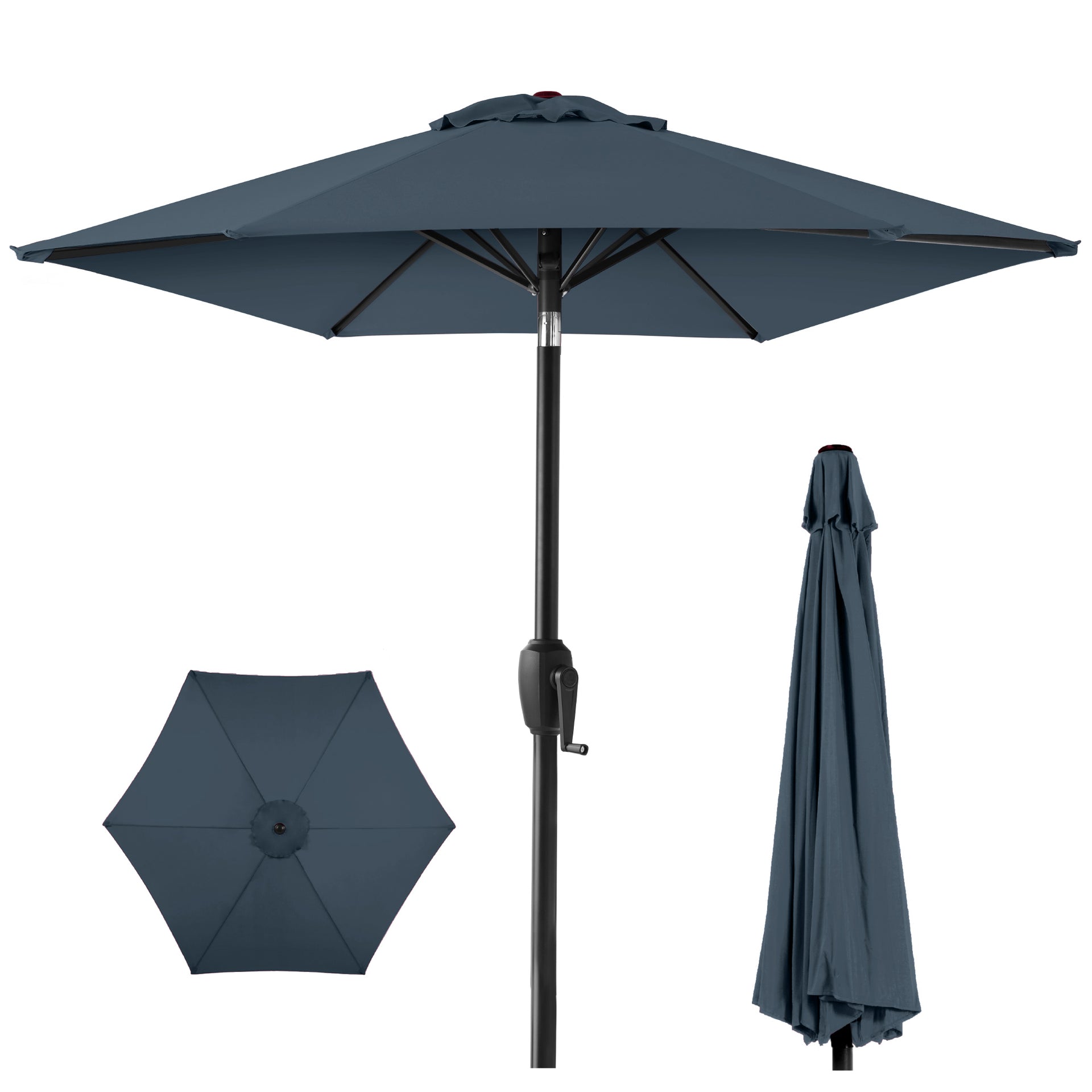 heavy duty outdoor patio table umbrella wind resistant Navy Blue adhering strap secures the umbrella for easy storage while a push Wind & Rain Patio Umbrellas