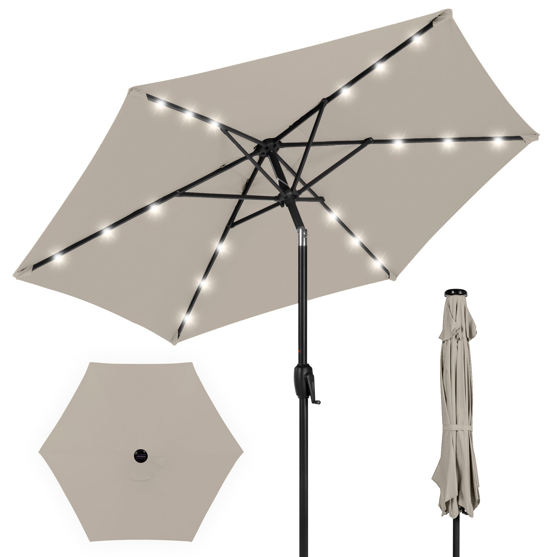 Outdoor Solar Patio Umbrella w/ Push Button Tilt, Crank Lift