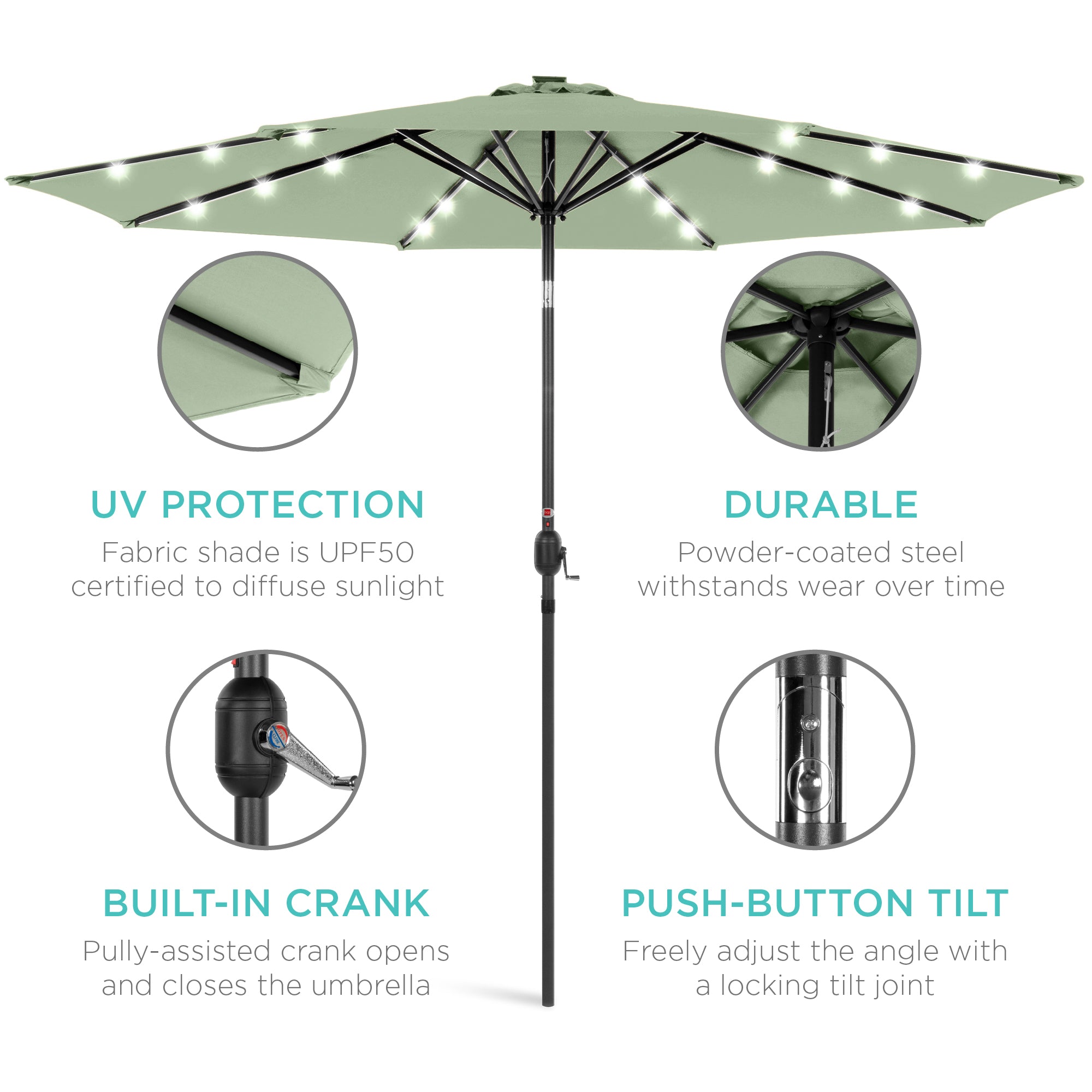 Solar LED Lighted Patio Umbrella w/ Tilt Adjustment, UV-Resistant - 10ft