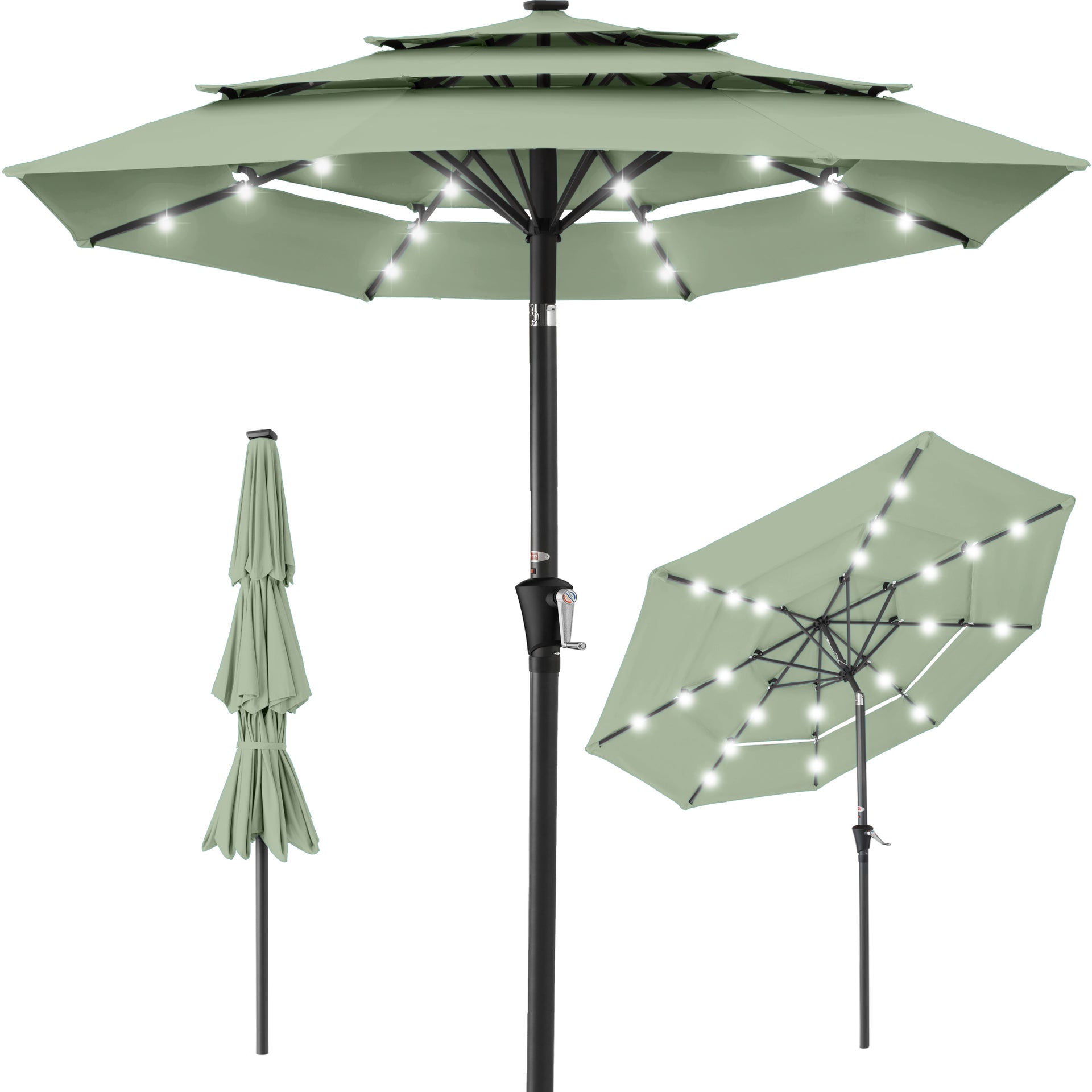 3-Tier Solar Patio Umbrella w/ LED Lights, Tilt Adjustment, Crank